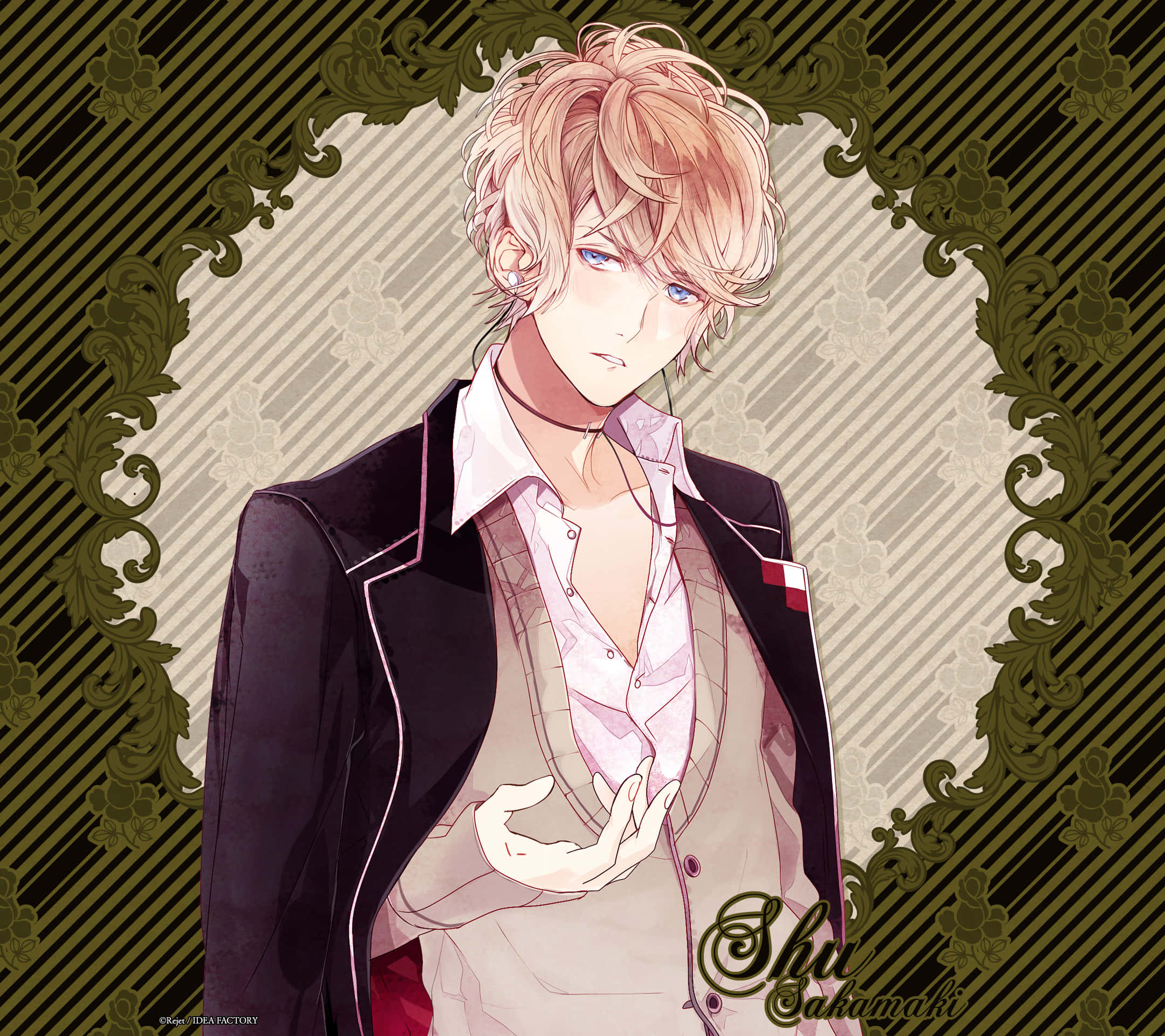Diabolik Lovers 桌布 壁紙 — 一個時尚的動漫男性，金髮藍眼，穿著黑色西裝外套內搭粉紅色襯衫，背景是華麗的綠色和米色圖案。