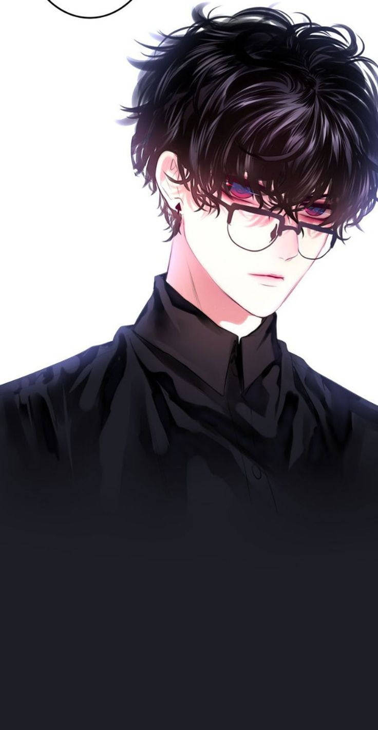 可愛的動漫角色 桌布 壁紙 — 一個時尚的動漫男性，黑髮、戴眼鏡、發光的紫色眼睛，穿著黑色襯衫，背景是純白色。