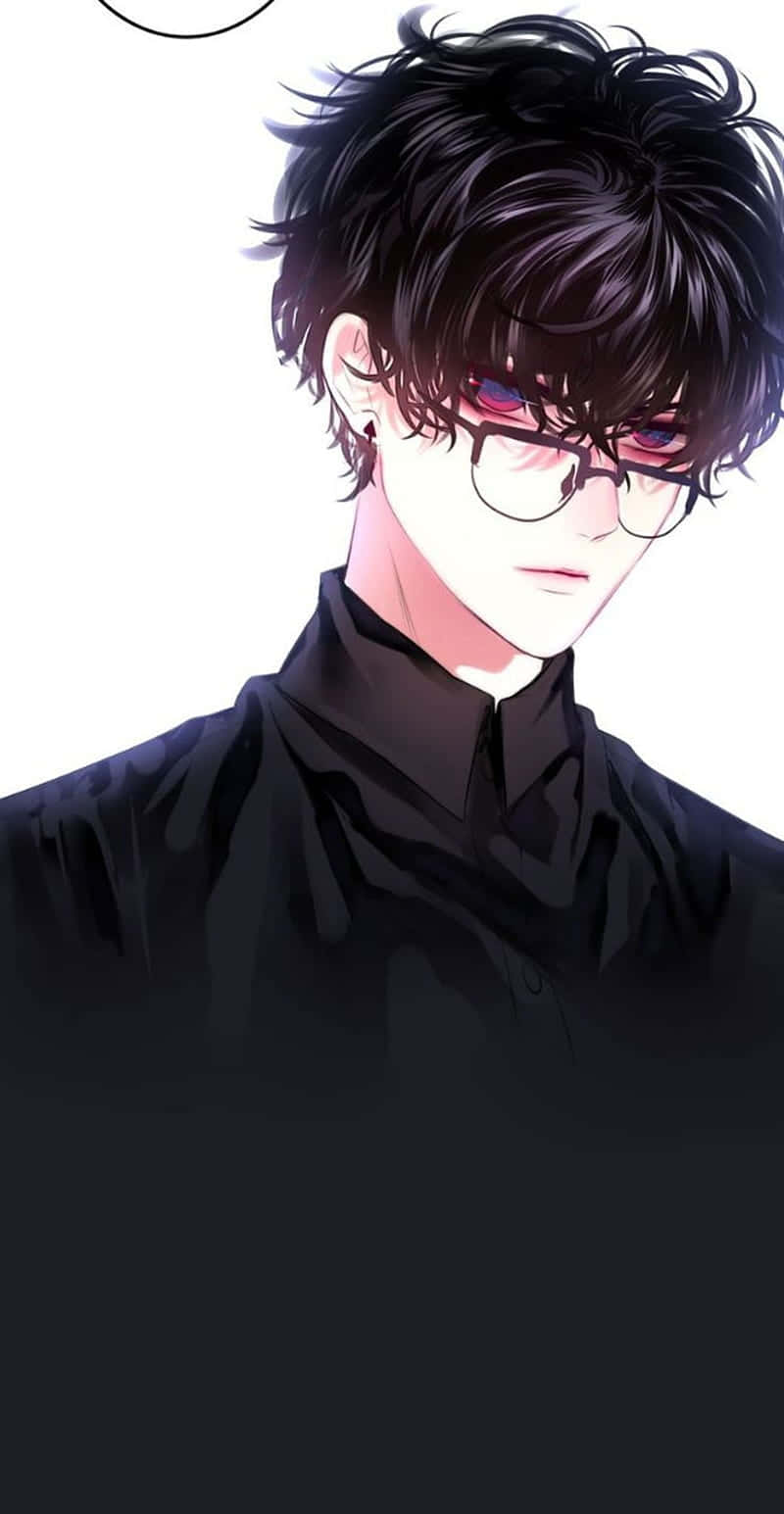 Cute Anime Boys 桌布 壁紙 — 一個時尚的動漫男性，黑髮戴眼鏡，眼睛發出紅光，穿著黑色襯衫，背景為純白色。