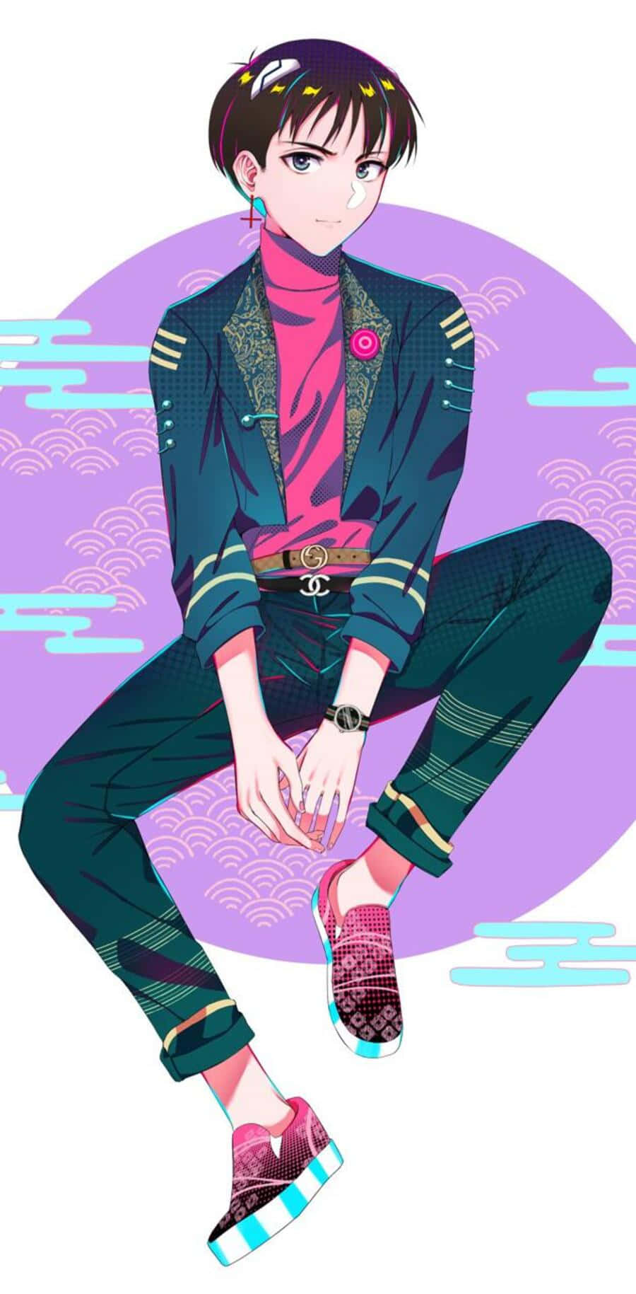 Maya Ibuki 桌布 壁紙 — 一個時尚的動漫角色，擁有短黑髮和粉紅色配飾，自信地坐在帶有波浪圖案的紫色圓形背景前。