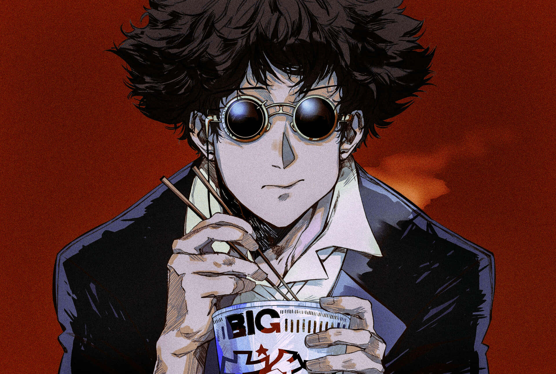 Spike Spiegel 桌布 壁紙 — 一個時尚的動漫角色，有著狂野的頭髮和圓形太陽眼鏡，在火紅的背景前吃泡麵。