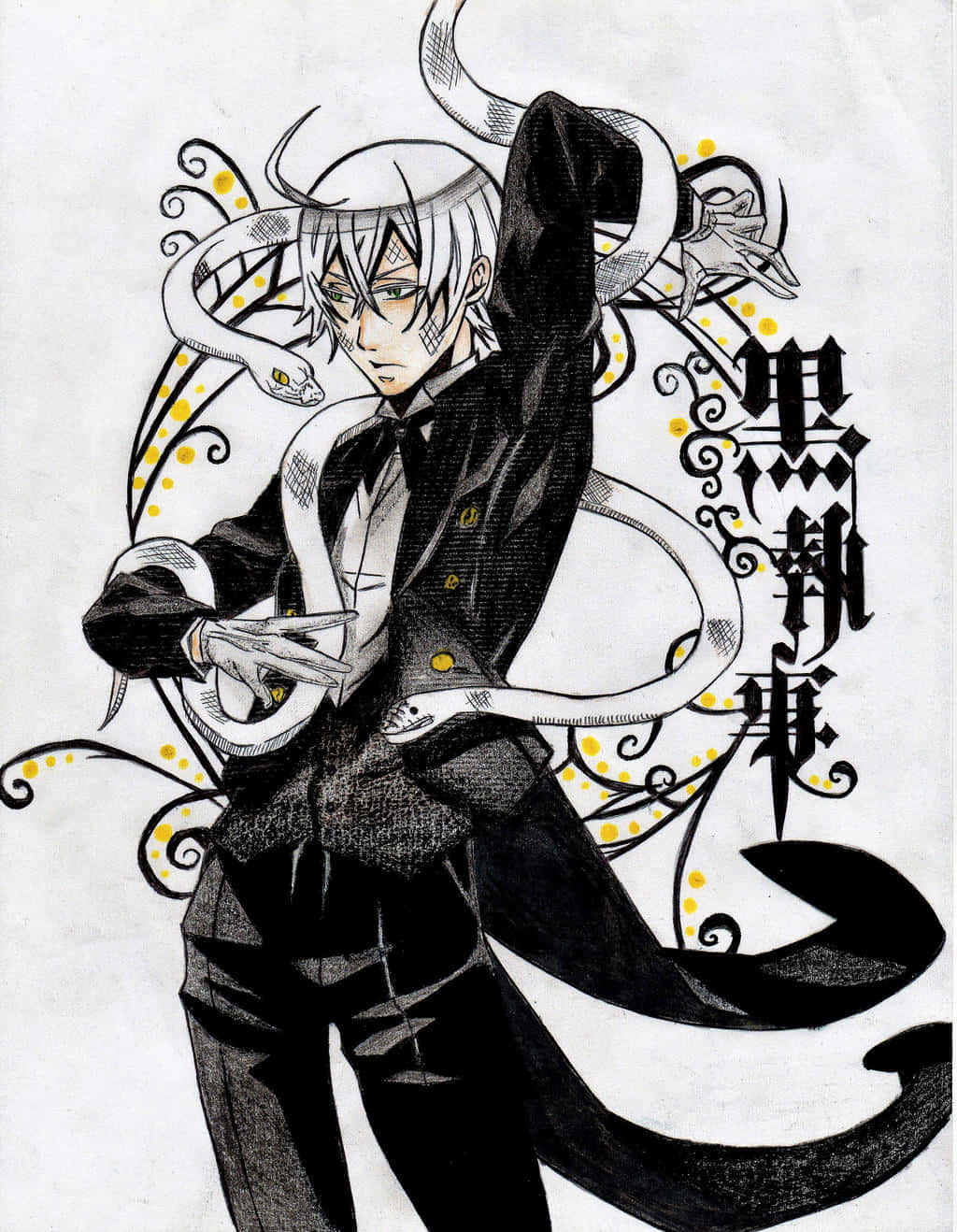Black Butler Snake 桌布 壁紙 — 一個時尚的動漫角色，白髮綠眼，自信地穿著黑色西裝，周圍環繞著裝飾性的白蛇和黃色圓點。