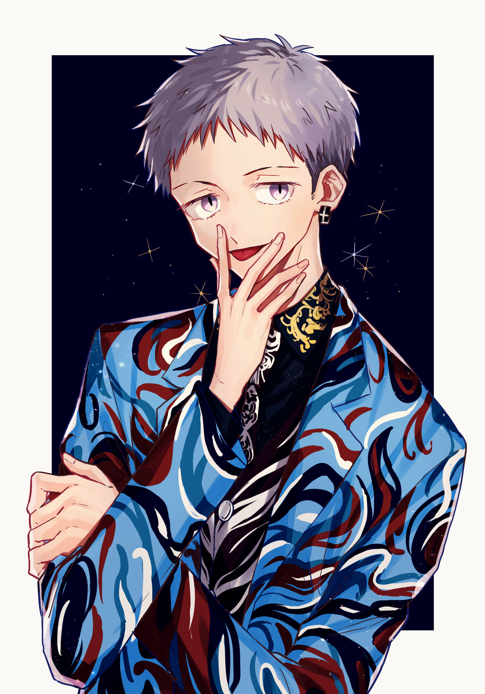 takashi mitsuya 桌布 壁紙 — 一個時尚的動漫角色，短灰髮和紫色眼睛，穿著藍色圖案外套，背景是星空夜空。