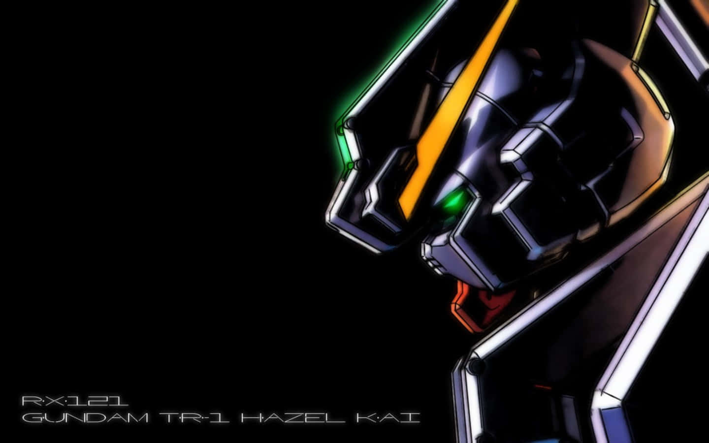 Gundam Desktop 桌布 壁紙 — 一個時尚的動漫風格鋼彈頭部在純黑背景上發出綠色和橙色的光芒。