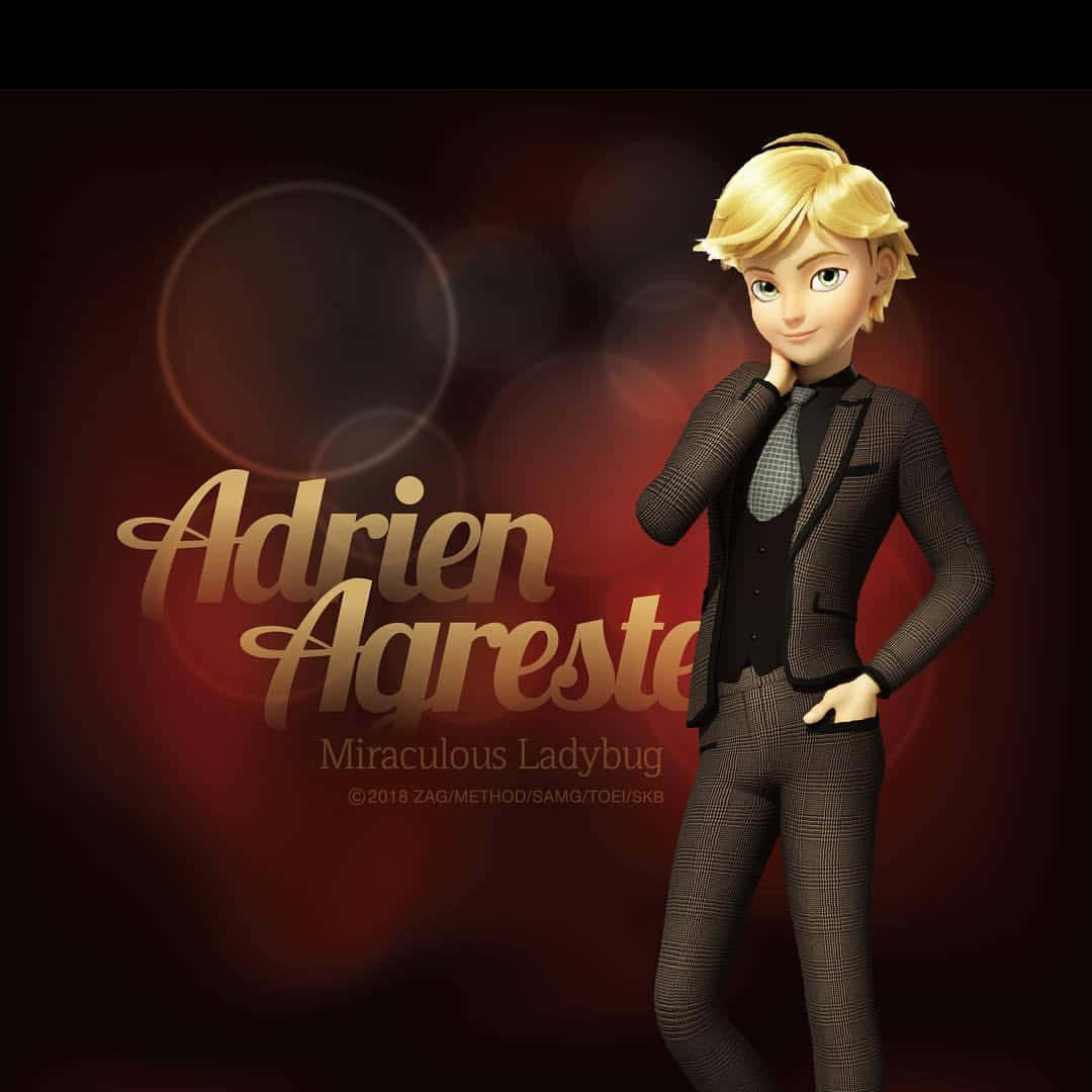 Miraculous Ladybug Adrien 桌布 壁紙 — 一個時尚的動畫角色，金髮，穿著格子西裝，在豐富的紅色散景背景前自信地擺姿勢。