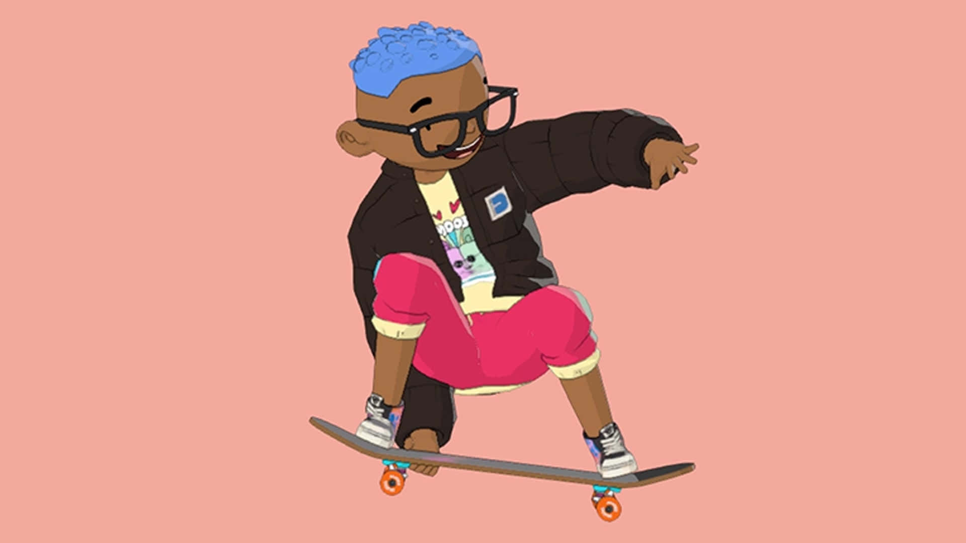 Dababy Cartoon 桌布 壁紙 — 一個時尚的卡通男孩，藍色頭髮和眼鏡，在純粉紅色背景上玩滑板。