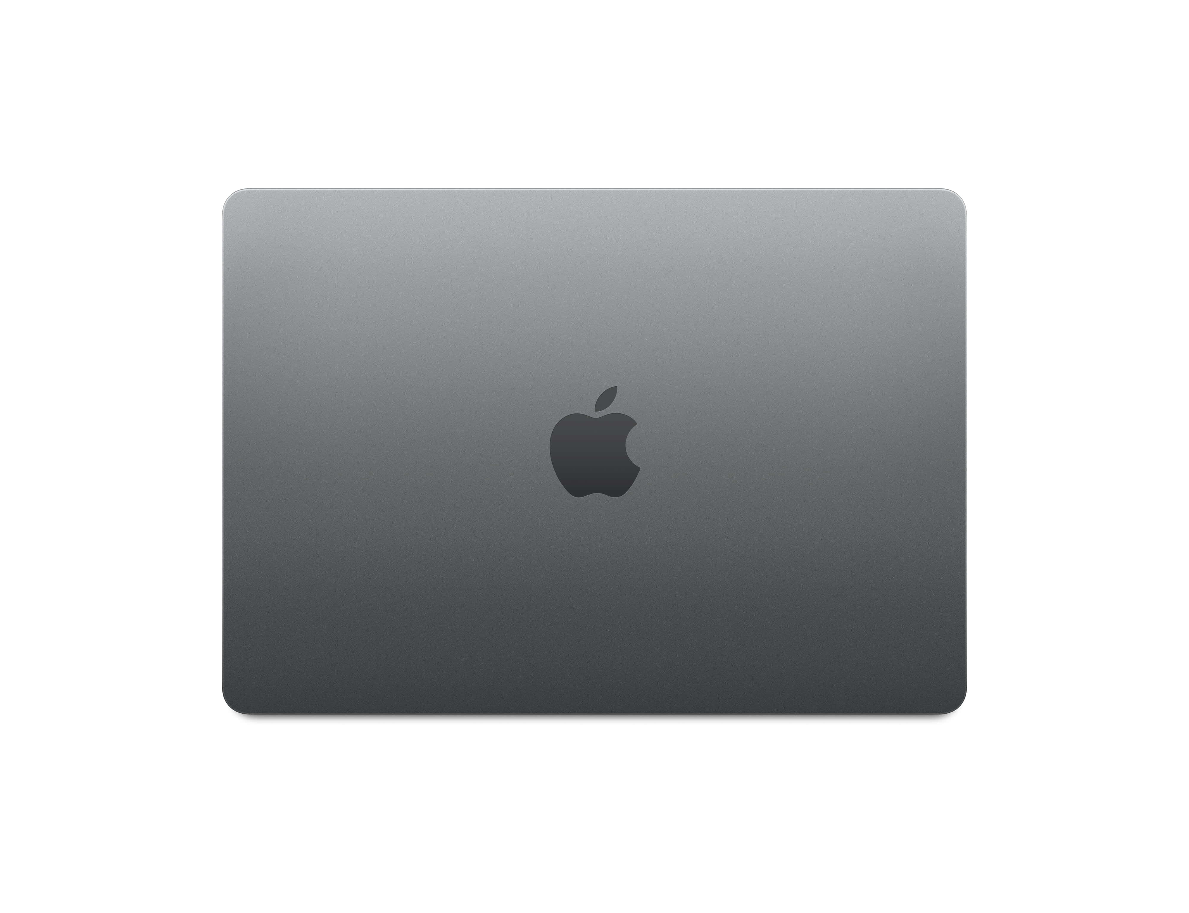 Black Macbook 桌布 壁紙 — 一個時尚的啞光深灰色 MacBook 蓋，中央有 Apple 標誌，背景為純白色。