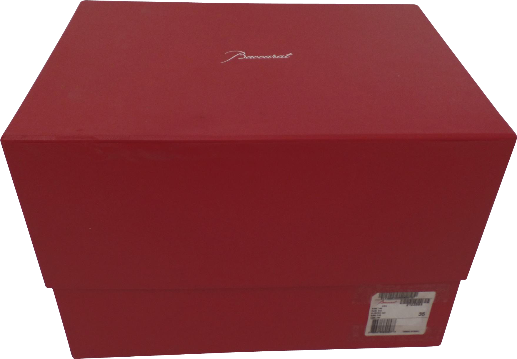 Box 桌布 壁紙 — 一個時尚的啞光紅色Baccarat盒子，帶有條碼標籤，居中放置在鮮明的黑色背景上。