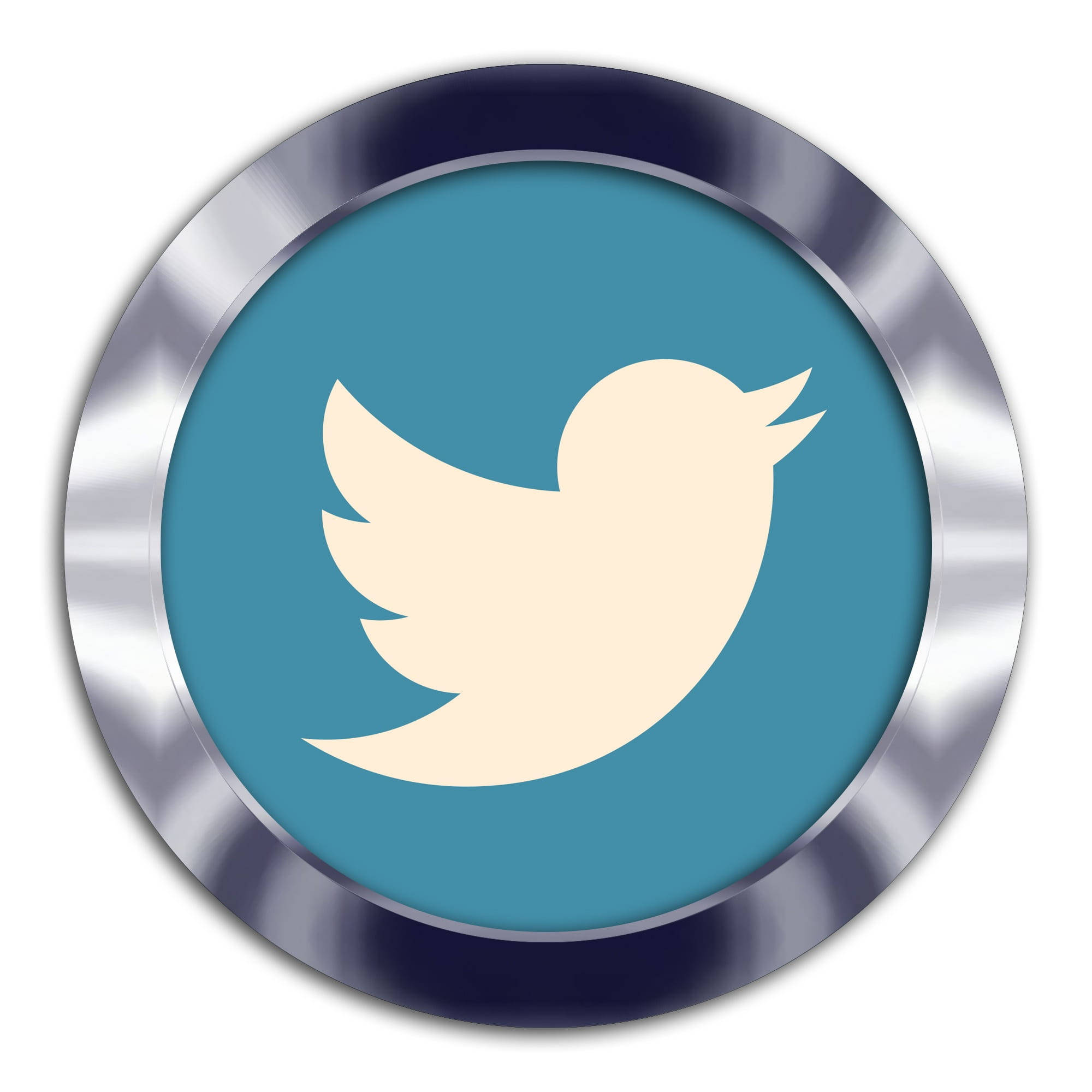 Twitter 桌布 壁紙 — 一個時尚的圓形按鈕，帶有金屬邊框和藍色中心，上面有奶油色的Twitter鳥標誌。