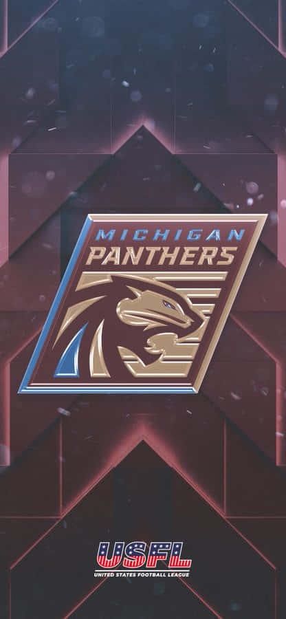Usfl 桌布 壁紙 — 一個時尚的密西根黑豹隊標誌在深色幾何背景上閃耀著金色和藍色光芒，並帶有漂浮的粒子。