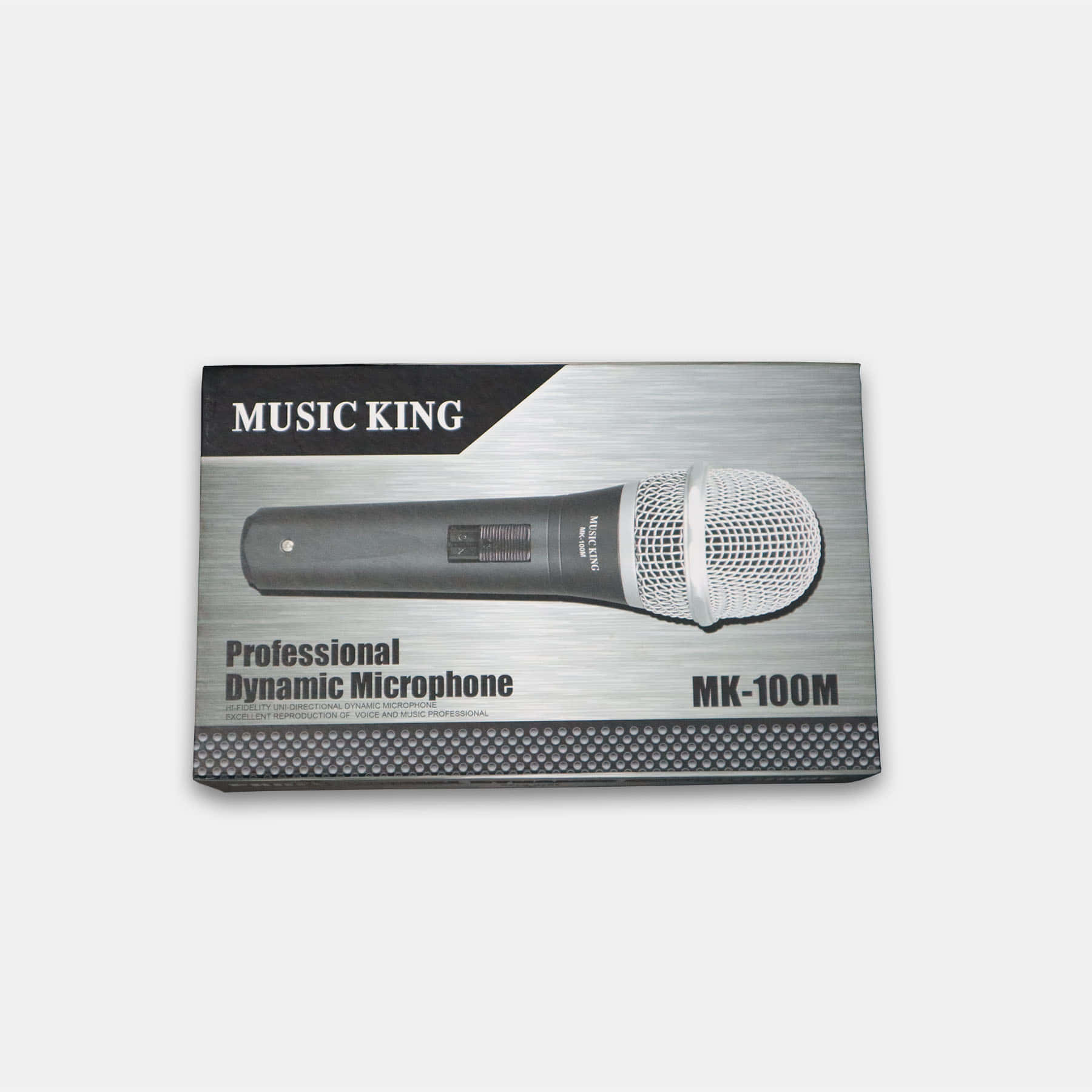 Microphone 桌布 壁紙 — 一個時尚的專業動態麥克風，包裝內帶有拉絲金屬質感和醒目的品牌標識。