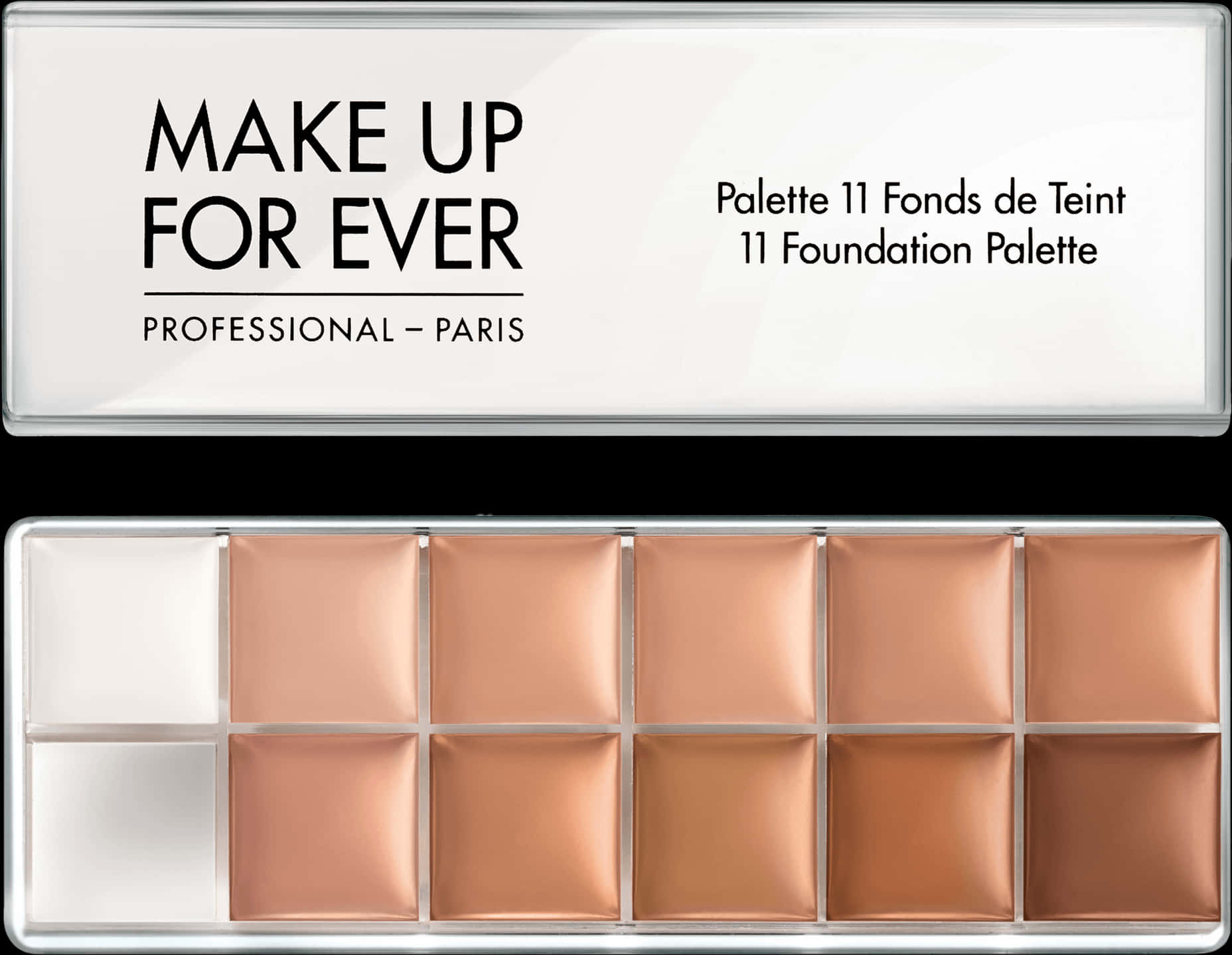 Makeup Kit 桌布 壁紙 — 一個時尚的專業化妝盤，內含十款粉底色調，採用簡約銀色外殼。