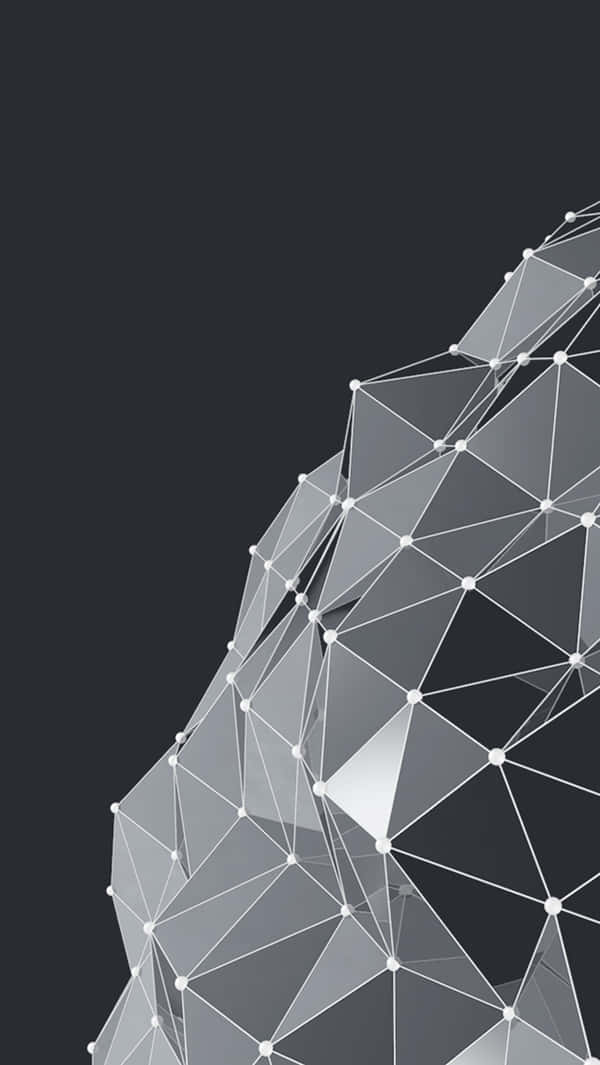 Geometric iPhone 桌布 壁紙 — 一個時尚的幾何線框結構，帶有發光節點和三角形面，在深灰色背景上崛起。