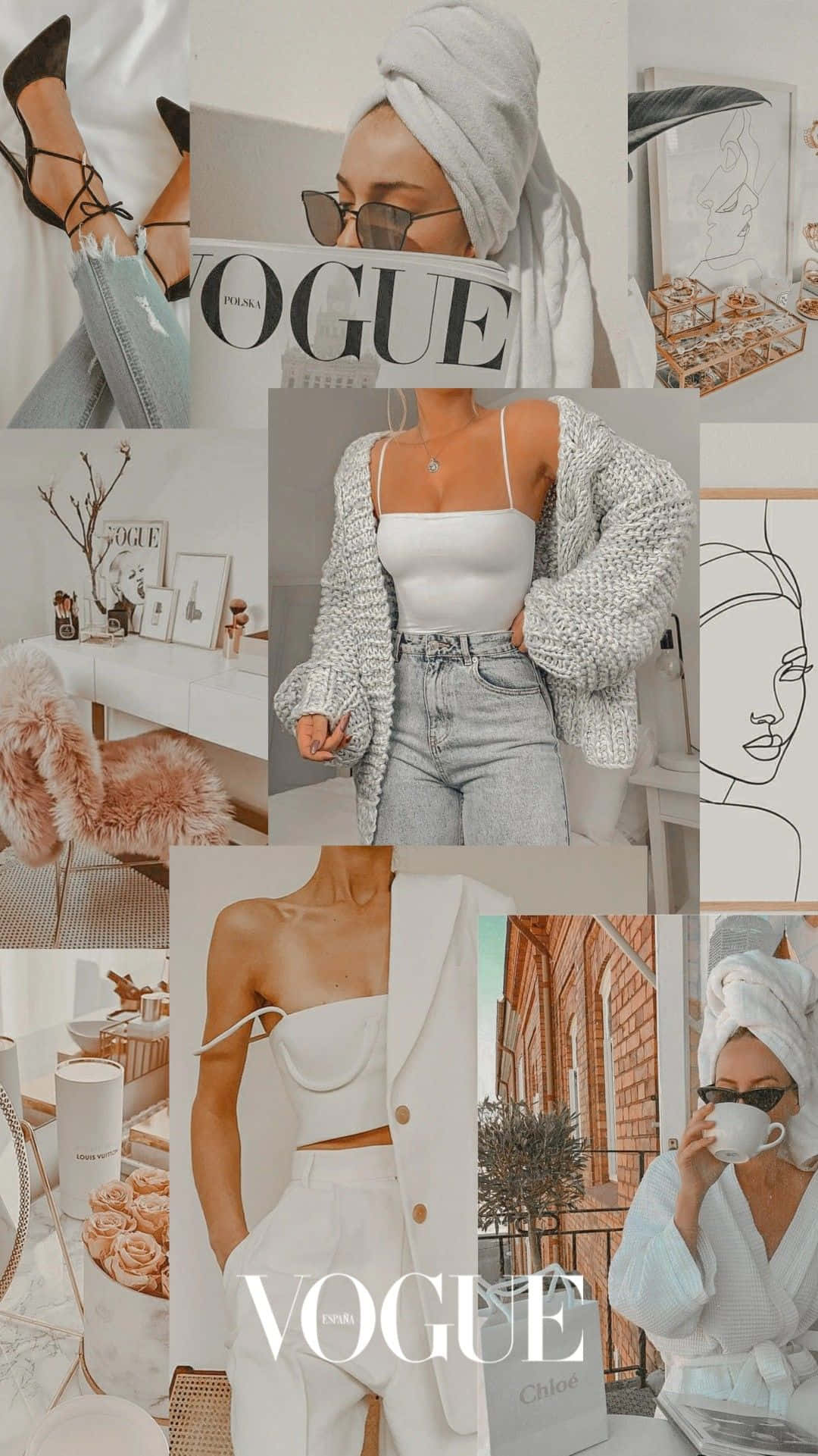Clothes 桌布 壁紙 — 一個時尚的拼貼畫，展示一位穿著休閒服的女性和時尚時刻，搭配Vogue雜誌和別緻的室內裝飾。