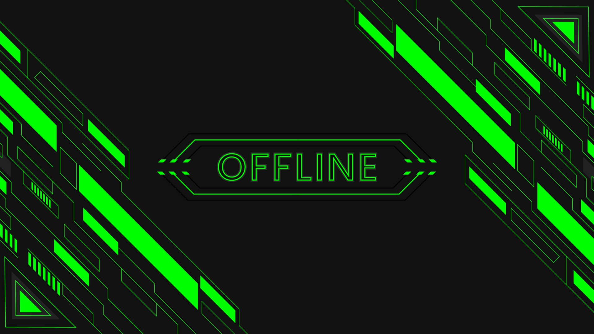 玩家 桌布 壁紙 — 一個時尚的數位「OFFLINE」標誌在黑色背景上發出鮮豔的綠色光芒，並以棱角分明的科技圖案框住。