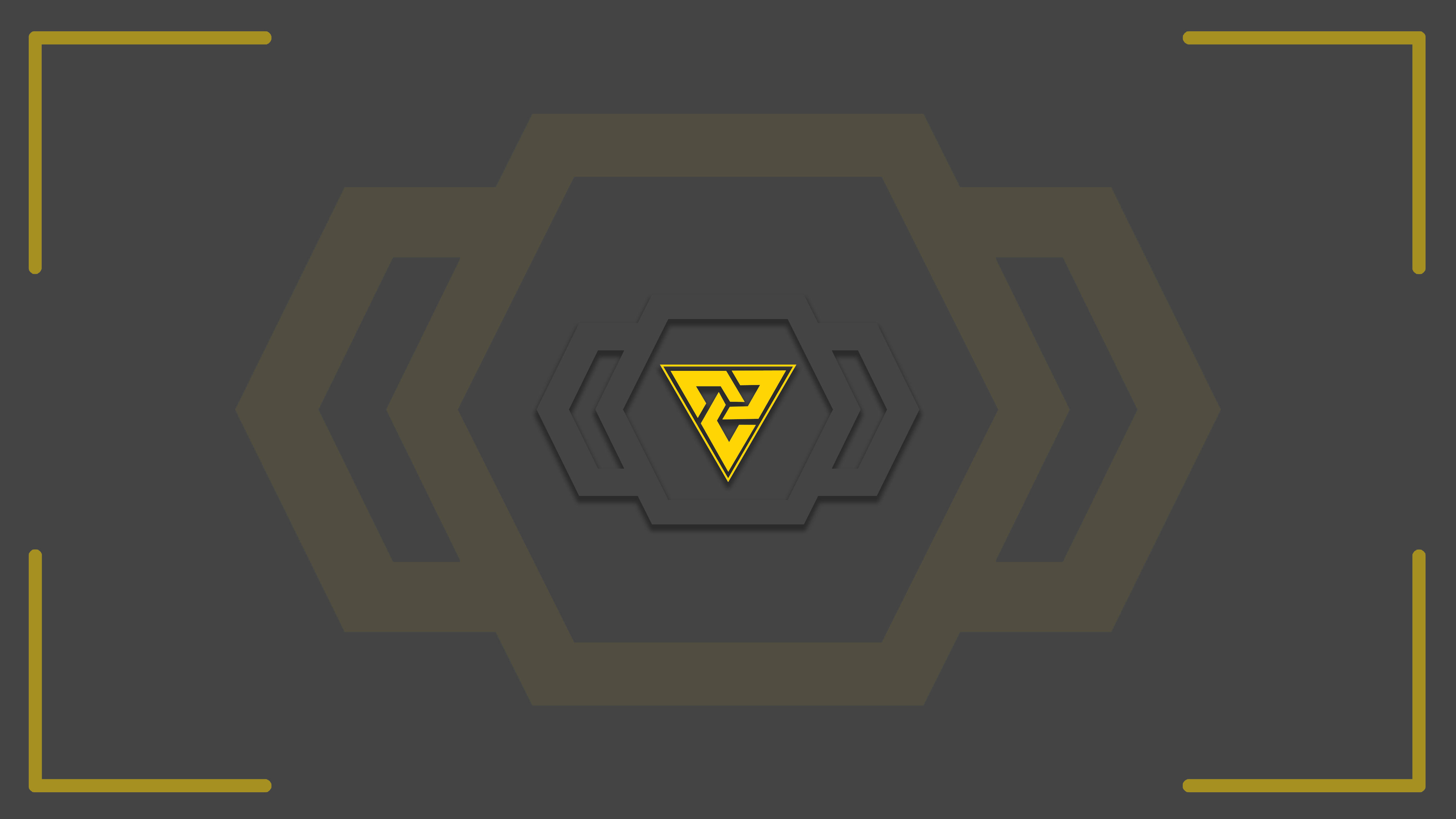 vector 桌布 壁紙 — 一個時尚的數位介面，在深灰色背景上，發光的黃色三角形標誌居中於分層的六邊形框架內。
