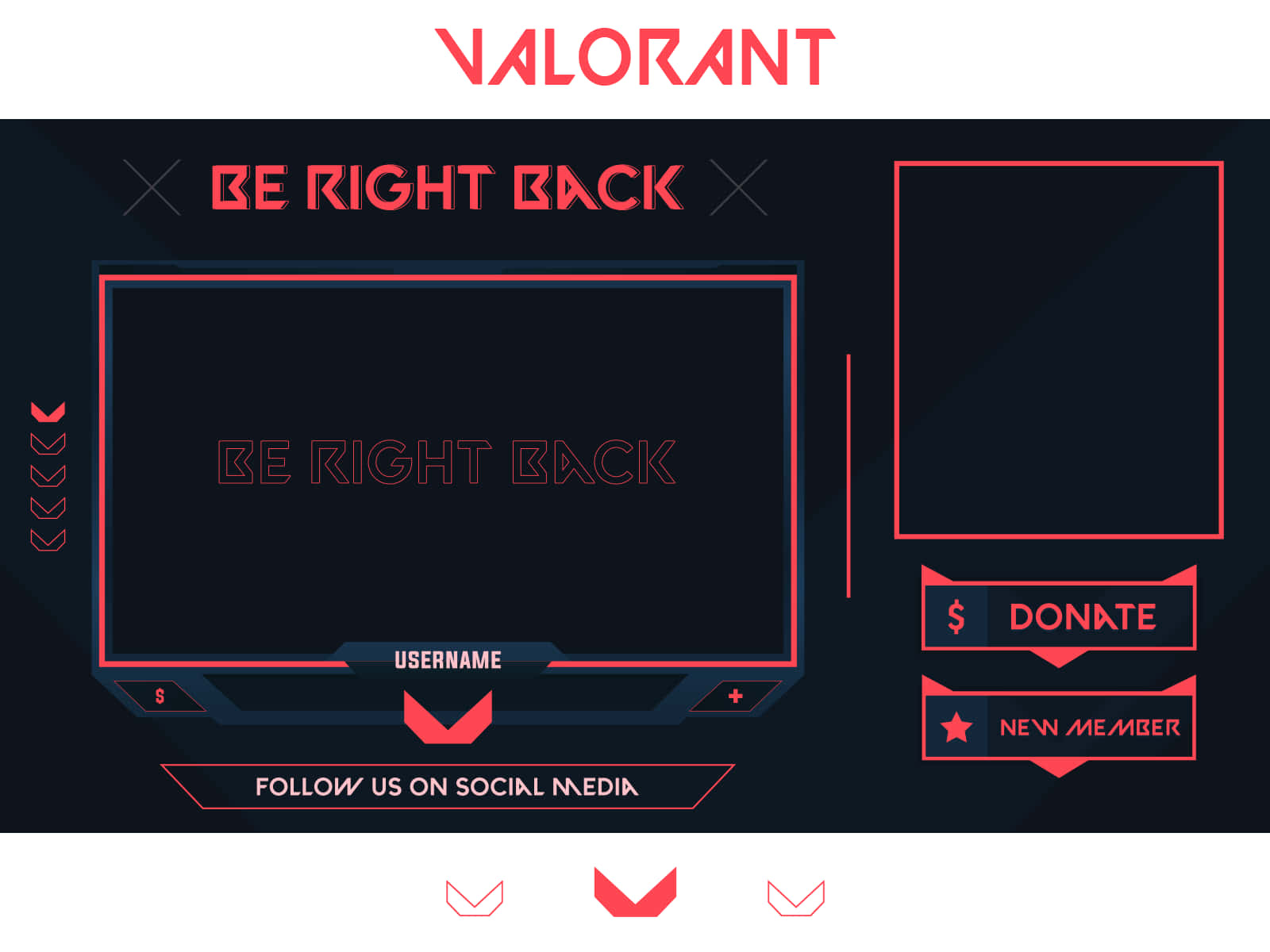 Be Right Back 桌布 壁紙 — 一個時尚的數位介面，用於 Valorant，在深色背景上顯示「Be Right Back」，帶有紅色霓虹燈點綴和社交媒體提示。