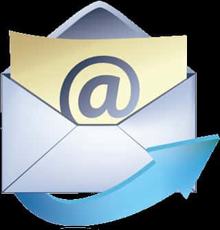 Email 桌布 壁紙 — 一個時尚的數位信封圖示，帶有@符號和藍色箭頭，表示發送電子郵件。