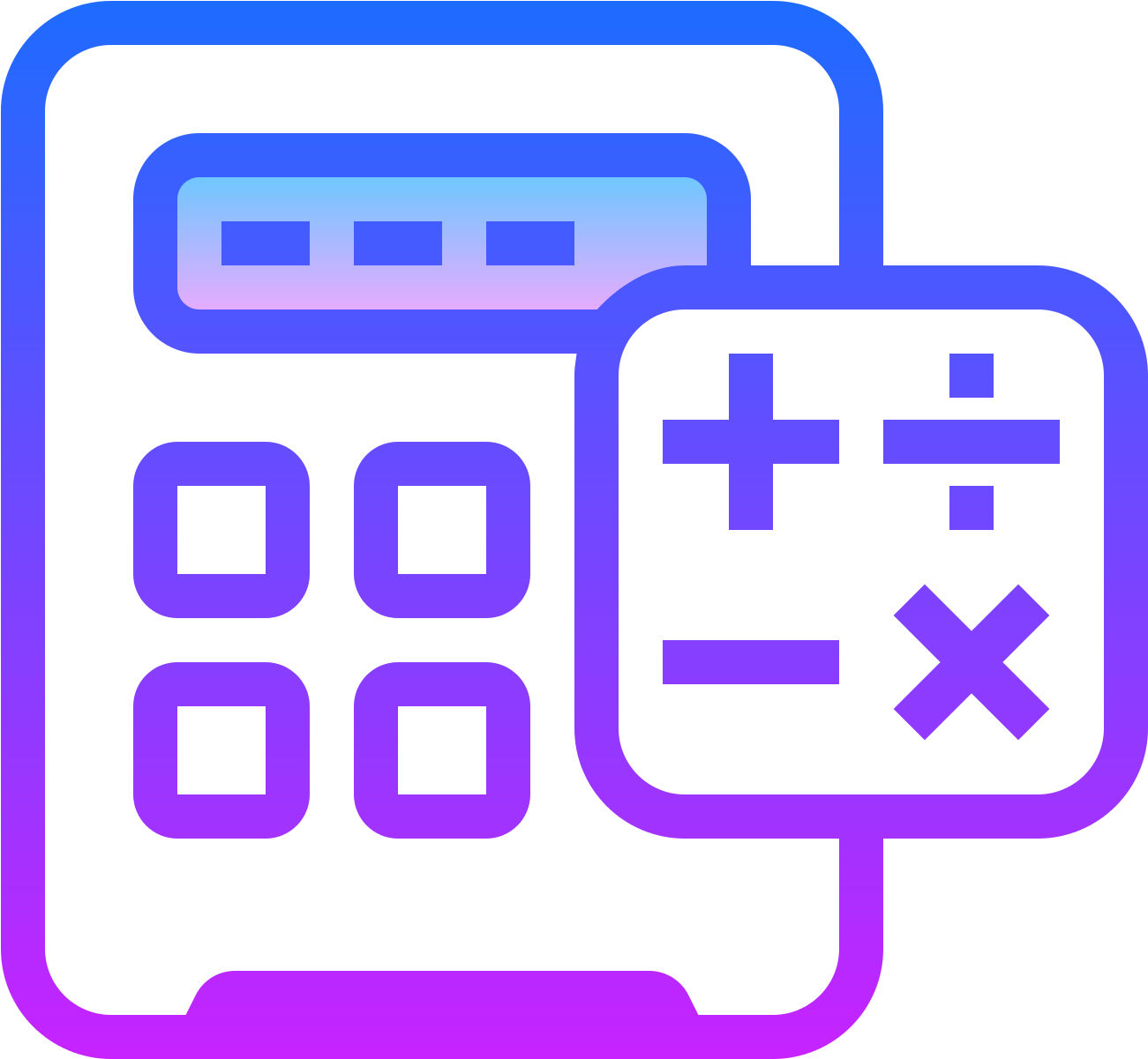Calculator Icon 桌布 壁紙 — 一個時尚的數位計算機圖標，在黑色背景上帶有發光的紫色和藍色漸變輪廓。