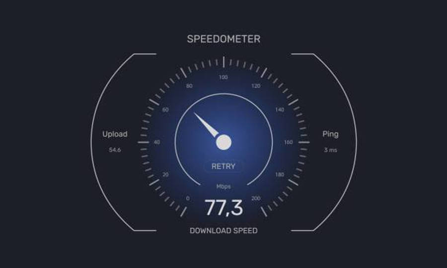 download 桌布 壁紙 — 一個時尚的數位速度計在深色背景上顯示 77.3 Mbps 的下載速度，以及上傳和 ping 指標。