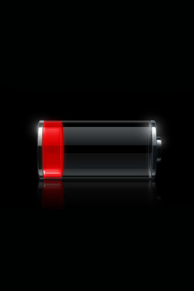 battery 桌布 壁紙 — 一個時尚的數位電池圖標，帶有發光的紅色低電量指示器，放置在反光的黑色表面上。
