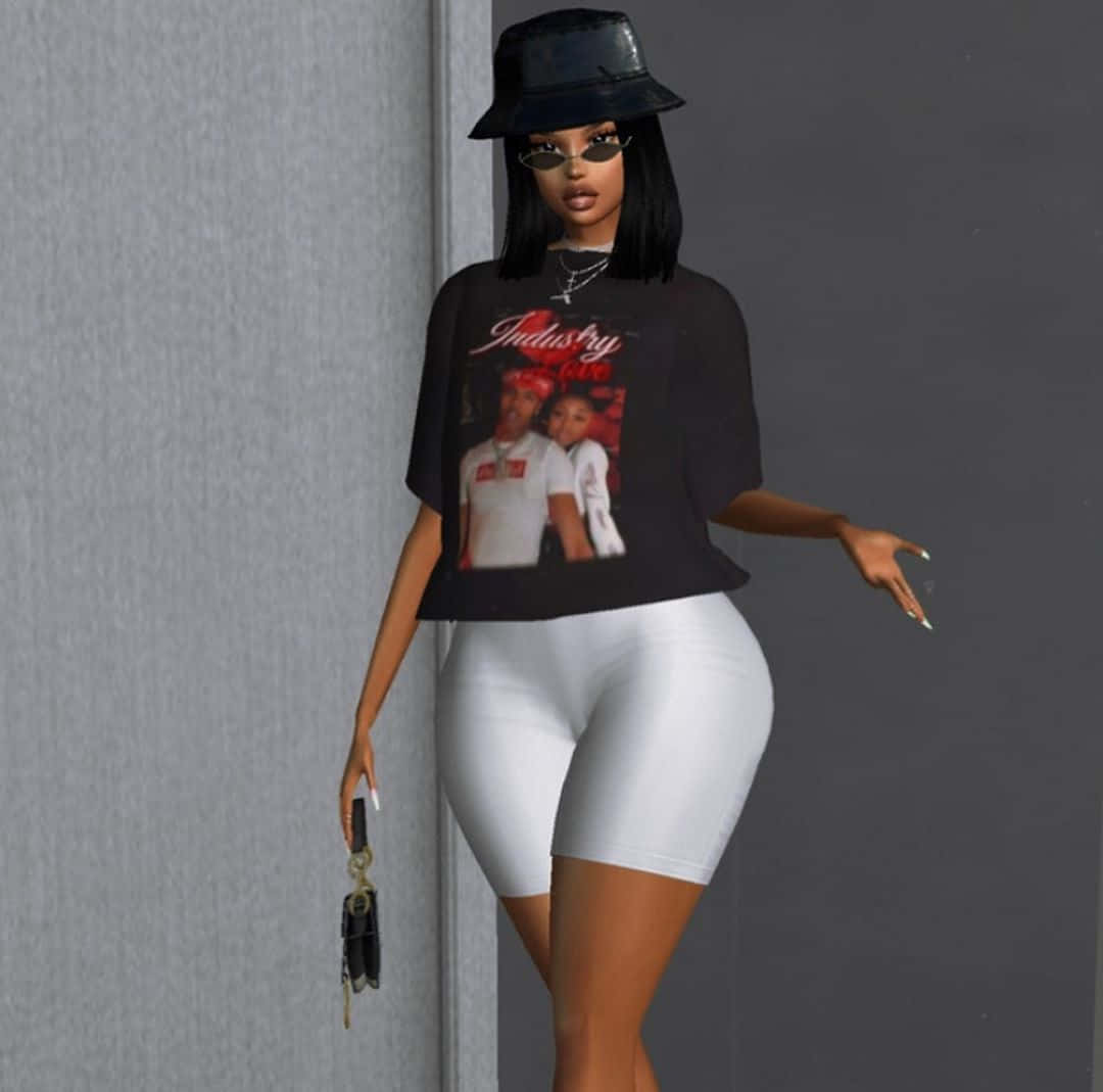 imvu 桌布 壁紙 — 一個時尚的數位頭像，戴著黑色漁夫帽和圖案T恤，靠著灰色牆壁，手持鑰匙。