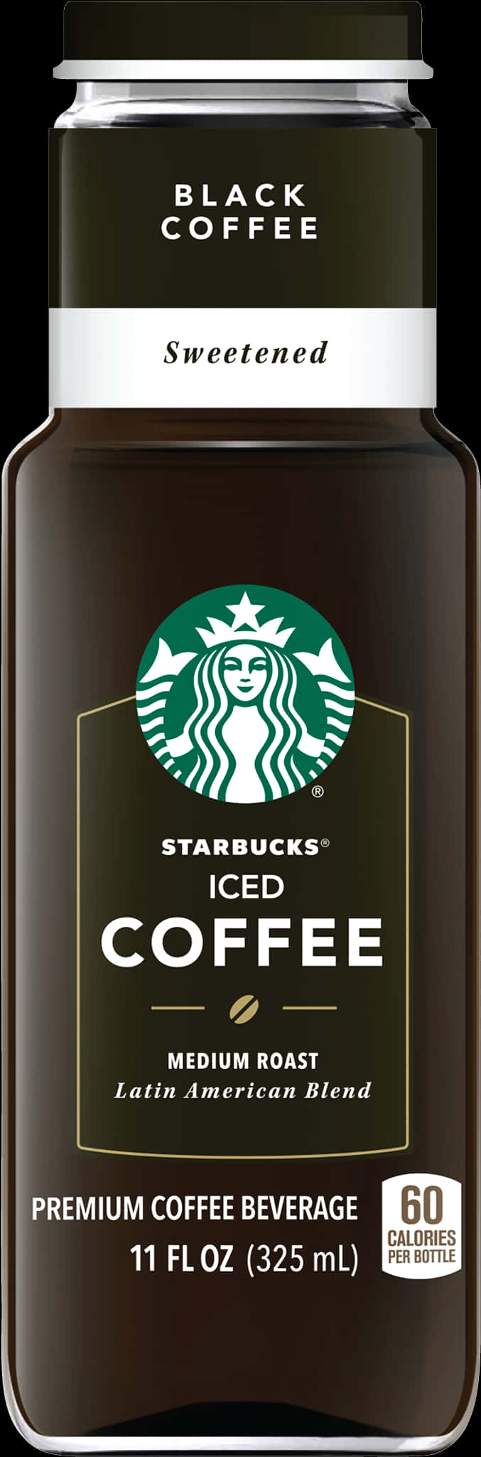 Starbucks Coffee 桌布 壁紙 — 一個時尚的星巴克冰咖啡瓶，帶有黑咖啡甜味標籤和綠色標誌，背景為深棕色液體。