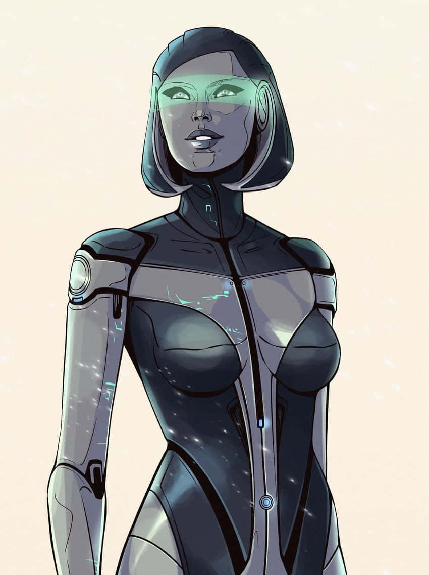 Mass Effect Edi 桌布 壁紙 — 一個時尚的未來女性機器人，擁有發光的綠色眼睛和金屬緊身衣，在柔和的米色背景前擺好姿勢。