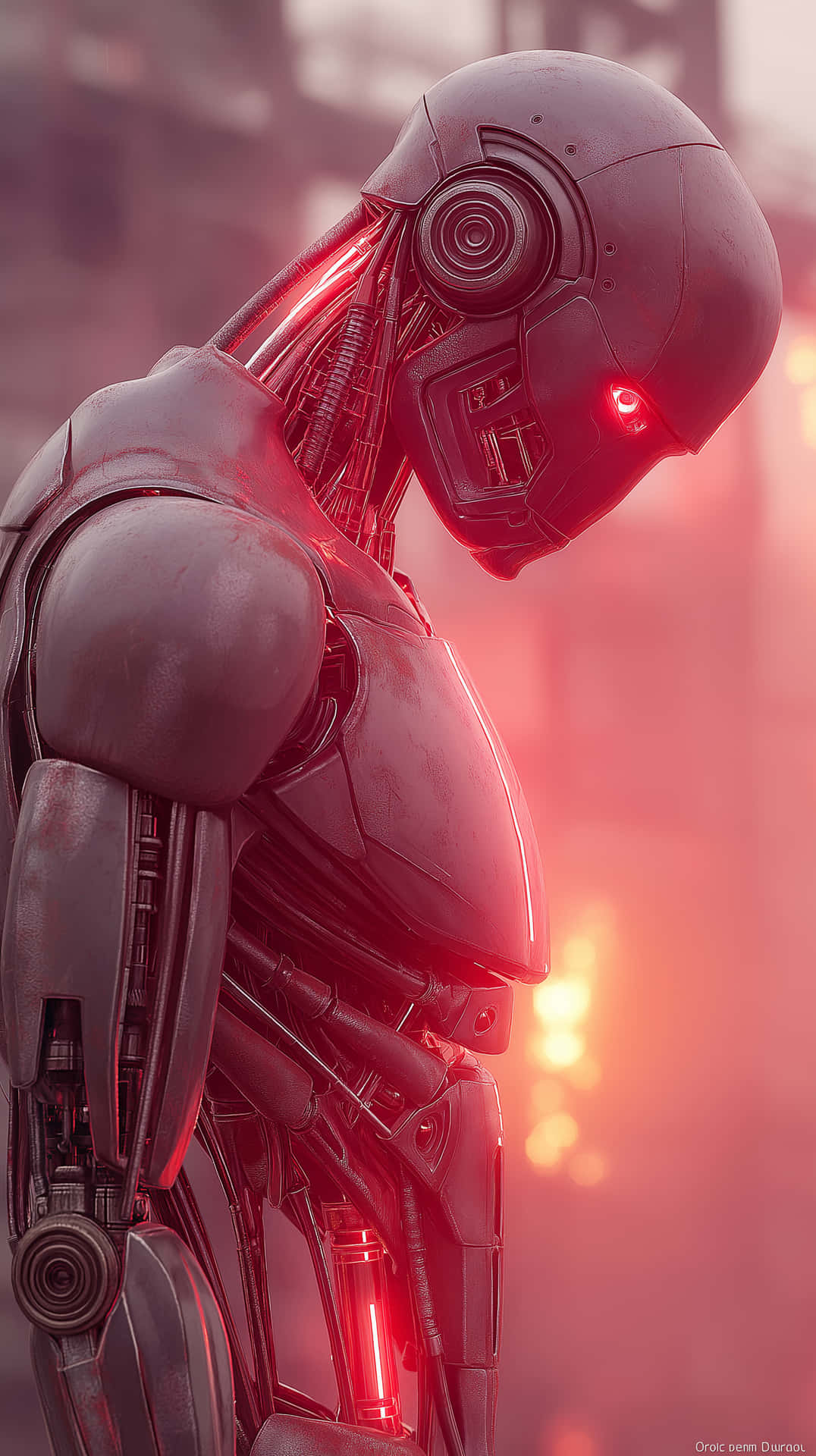 Futuristic humanoid robot 壁紙 — 一個時尚的機器人形象，帶有發光的紅色眼睛和內部燈光，站在朦朧的深紅色氛圍中。