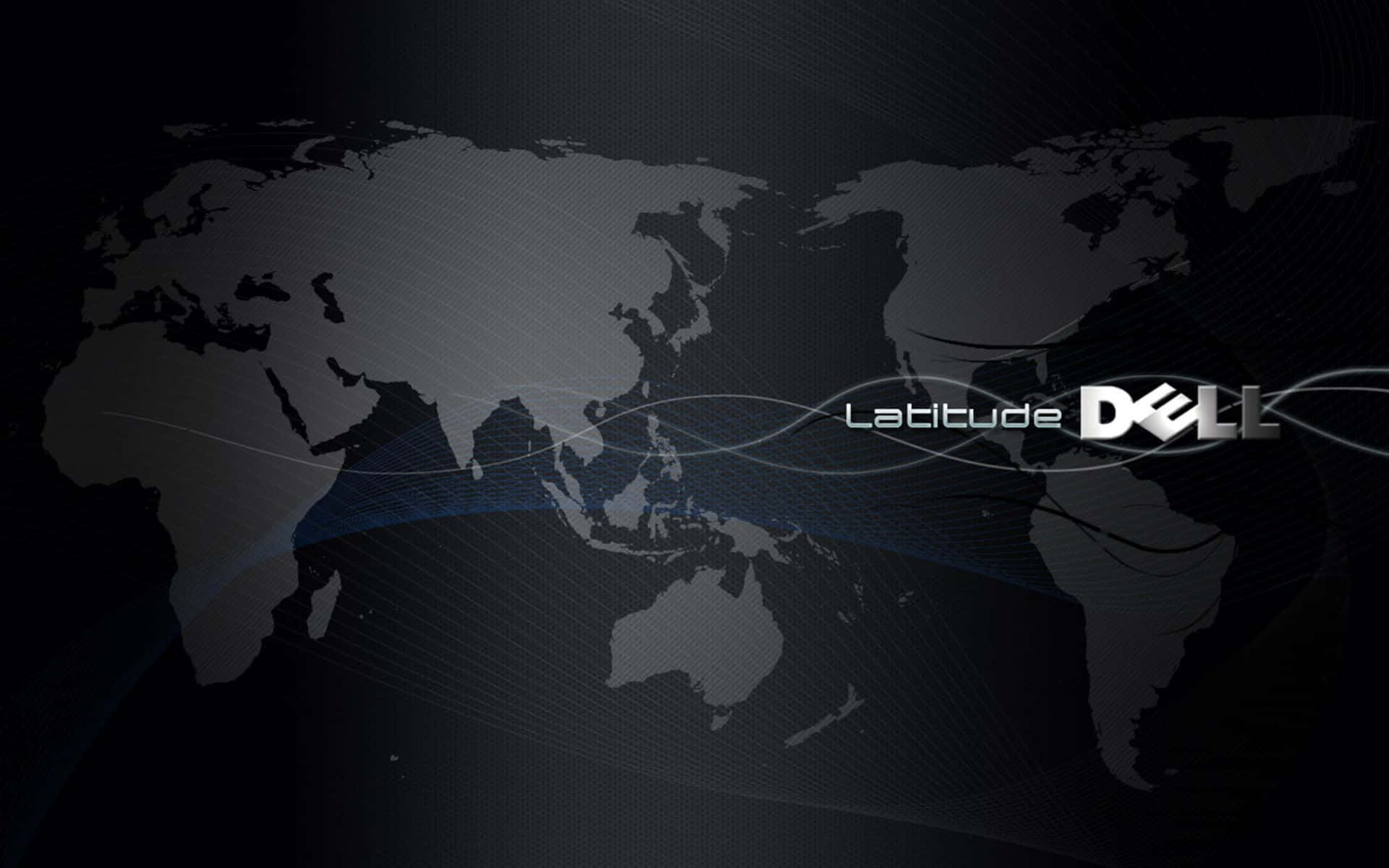 Dell 桌布 壁紙 — 一個時尚的深灰色世界地圖，帶有發光的藍色線條和Dell Latitude品牌標誌，背景為黑色。