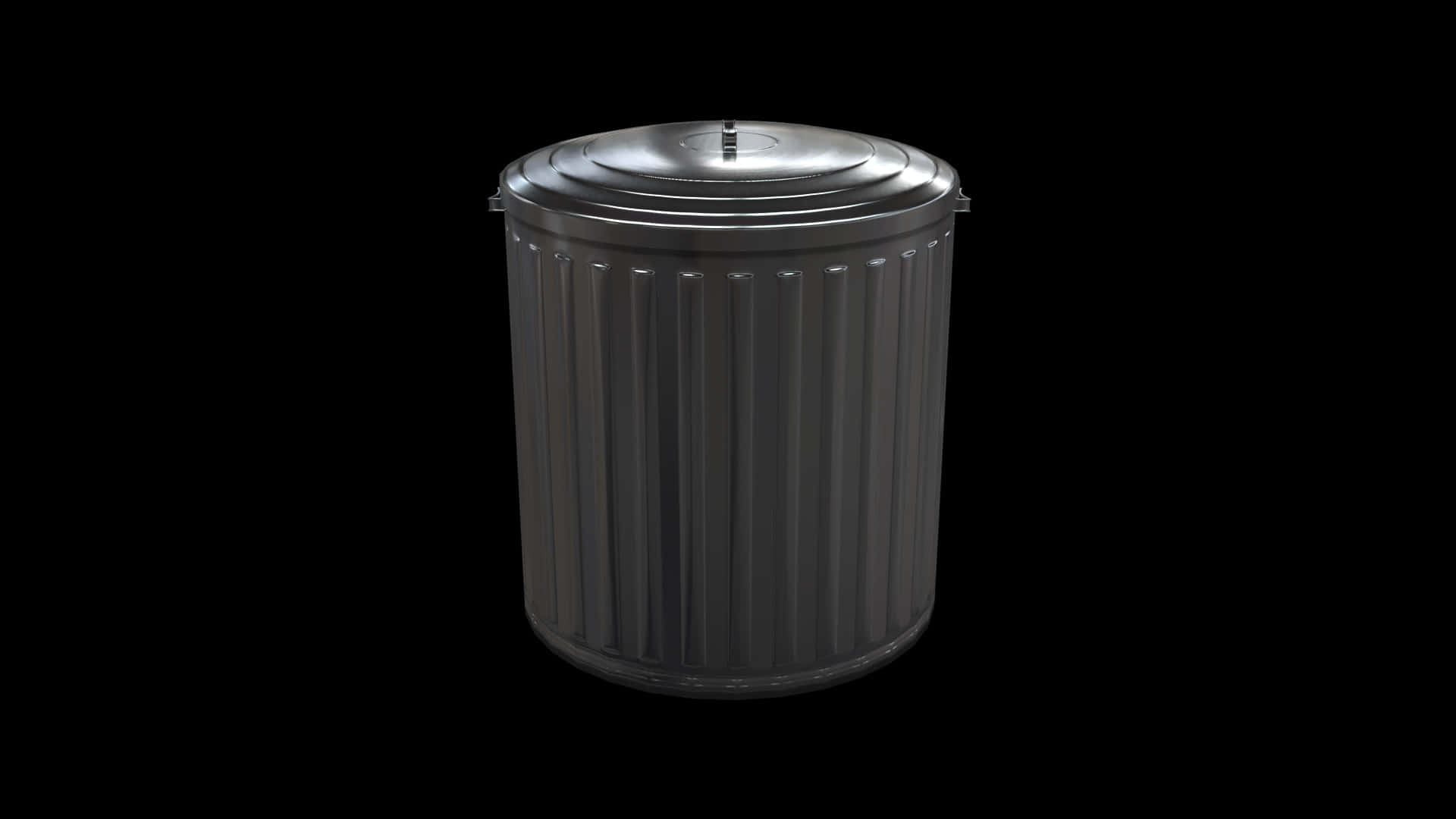 waste 桌布 壁紙 — 一個時尚的深灰色金屬垃圾桶，帶有垂直條紋和蓋子，孤立地立在純黑色背景上。