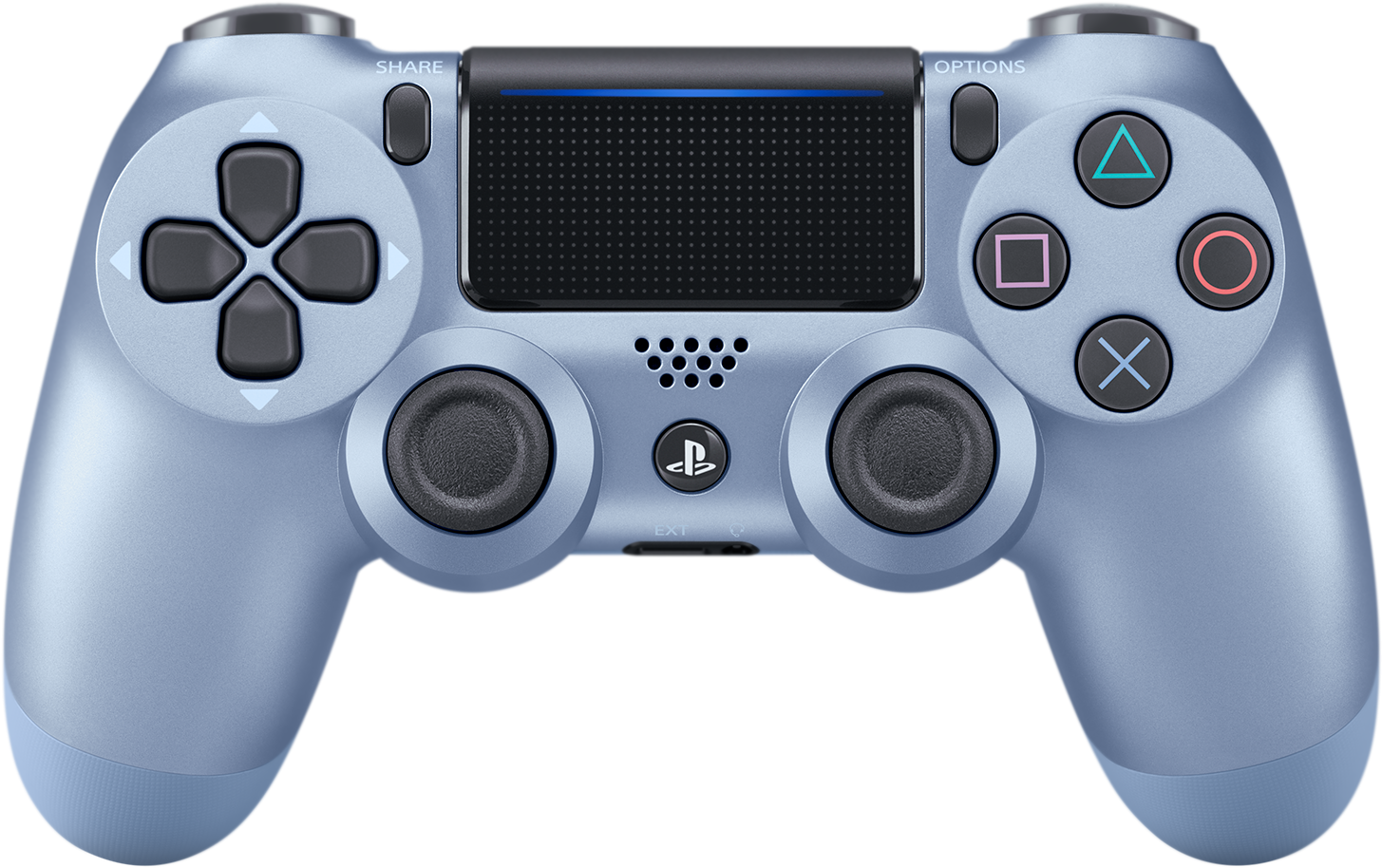 PlayStation 桌布 壁紙 — 一個時尚的淺藍色 PlayStation 4 控制器，帶有黑色按鈕和紋理握把，顯示在黑色背景上。