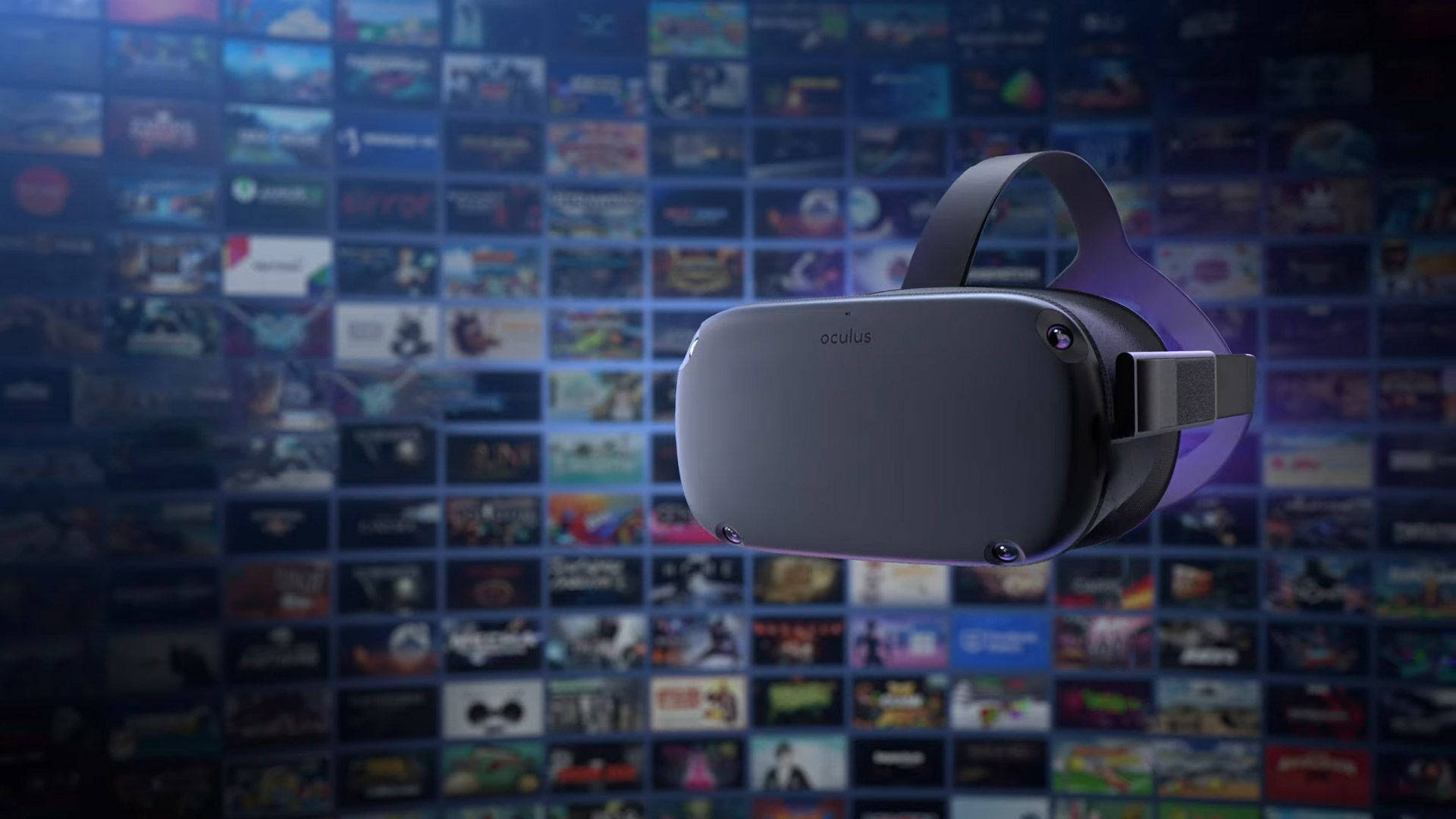 Quest 桌布 壁紙 — 一個時尚的灰色 Oculus VR 頭戴式裝置漂浮在一個發光的彩色遊戲和應用程式縮圖網格前。