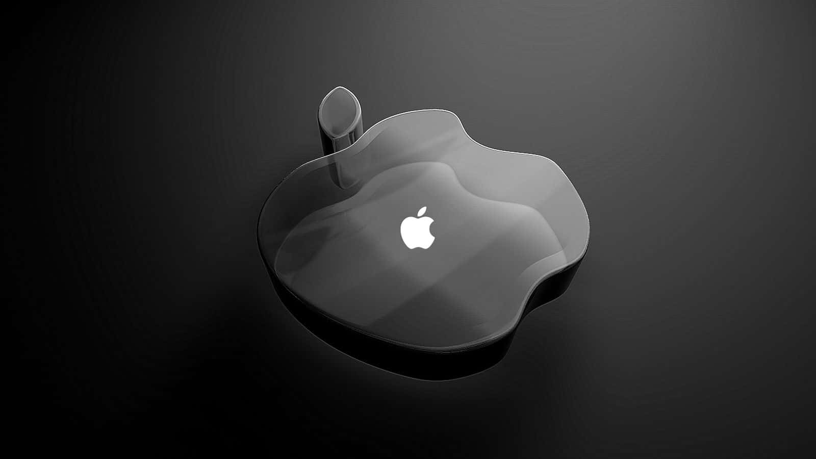桌布 壁紙 — 一個時尚的玻璃Apple標誌，帶有發光的白色徽章，居中放置在深色漸變背景上。