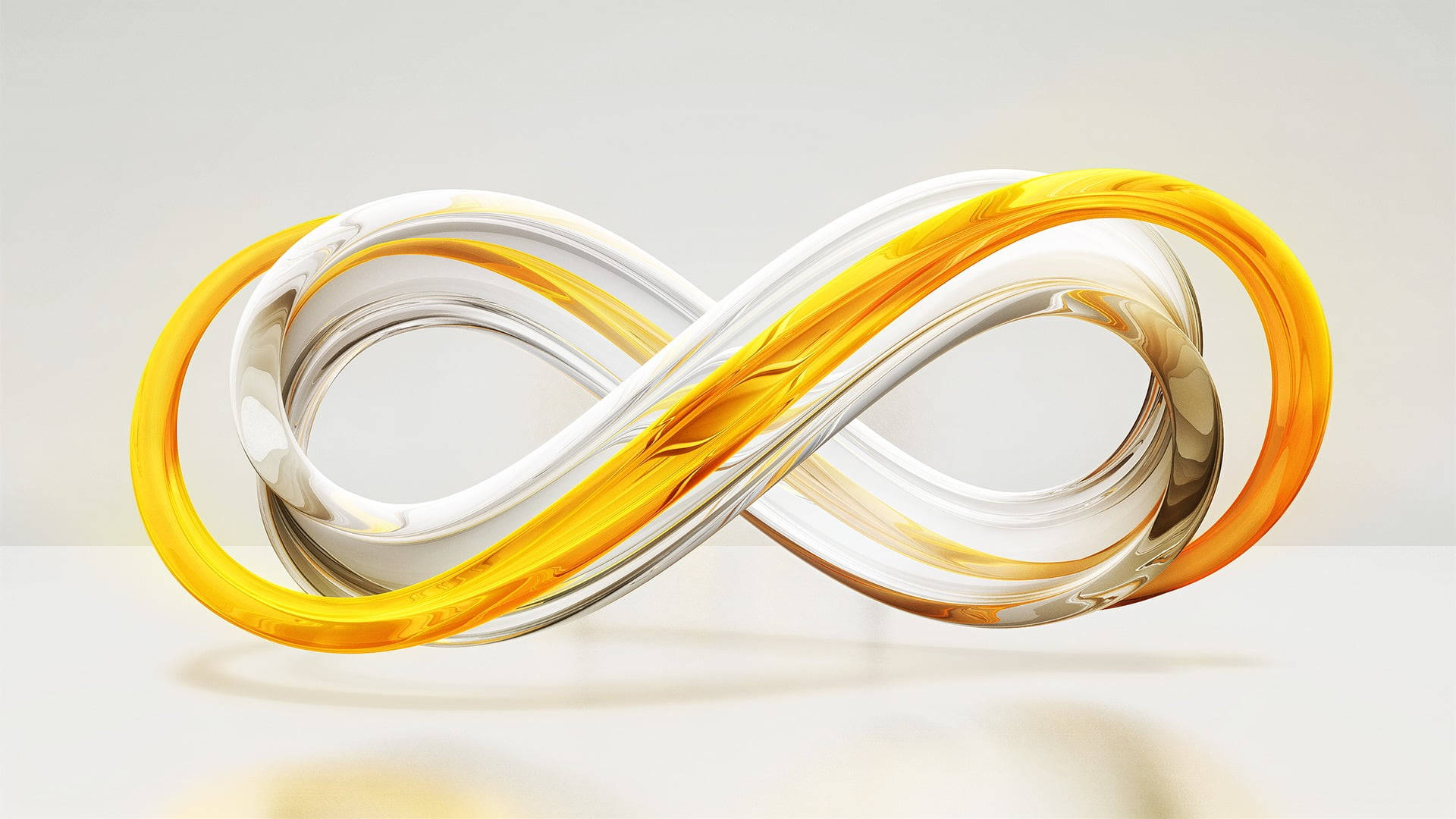 3D 桌布 壁紙 — 一個時尚的玻璃無限符號，帶有琥珀色和白色漩渦，放置在簡約的白色表面上。