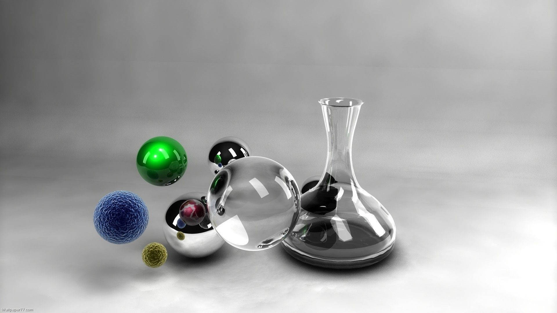 科學 桌布 壁紙 — 一個時尚的玻璃醒酒器和各種鮮豔顏色的光滑球體，放置在簡約的灰色表面上。