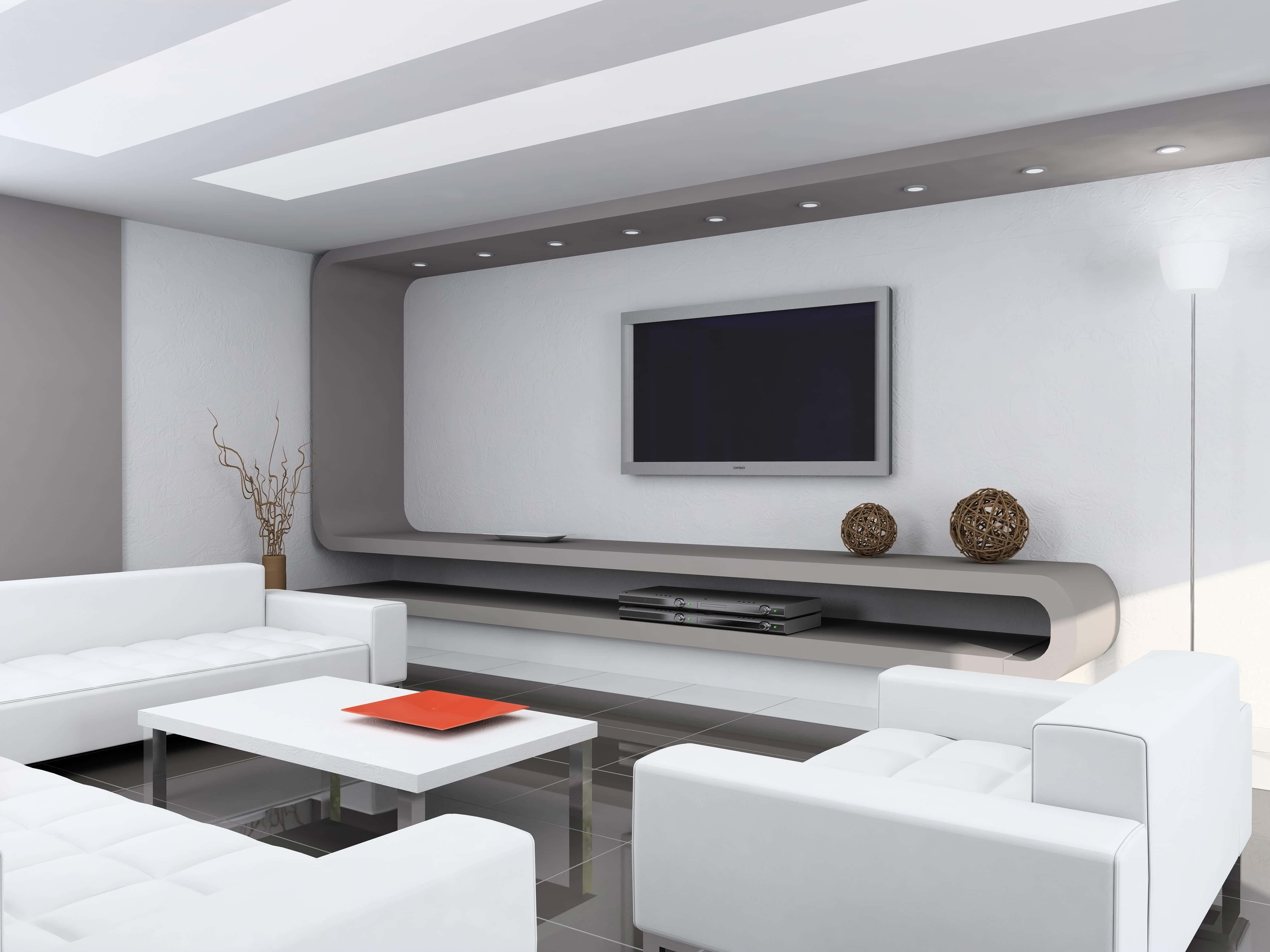Home Cinema 桌布 壁紙 — 一個時尚的現代客廳，配有白色家具、灰色牆壁和嵌入式照明，營造出簡約潔淨的美感。