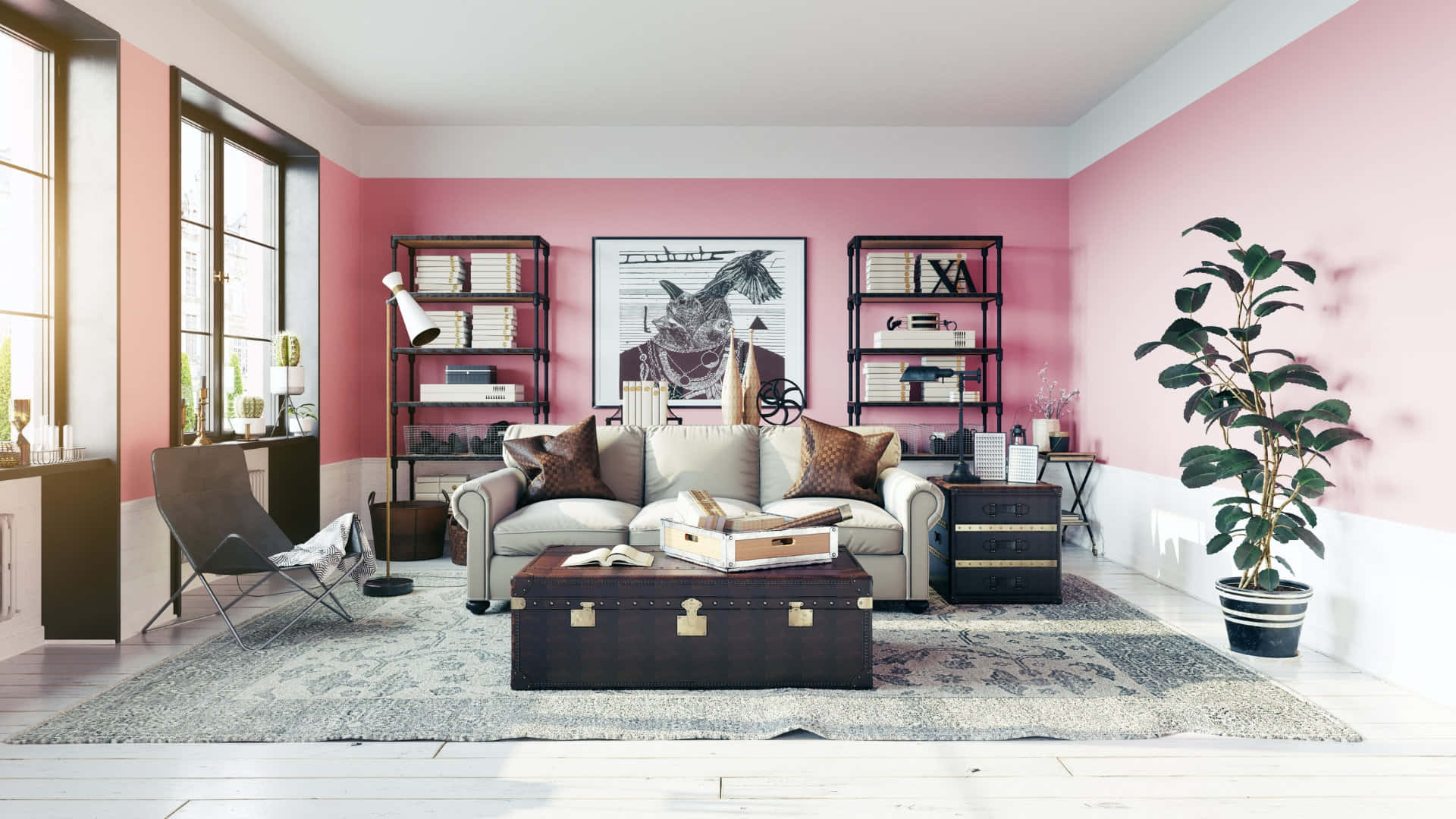 Pink Wall 桌布 壁紙 — 一個時尚的現代客廳，配有粉紅色牆壁、白色飾邊和一個復古行李箱茶几，在明亮的自然光下。