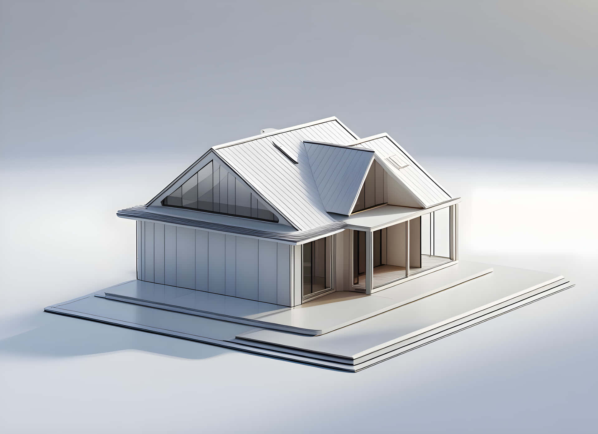 3d model home 壁紙 — 一個時尚的現代房屋模型，帶有銀色金屬屋頂和玻璃牆，放置在分層平台上，背景為柔和的漸變色。