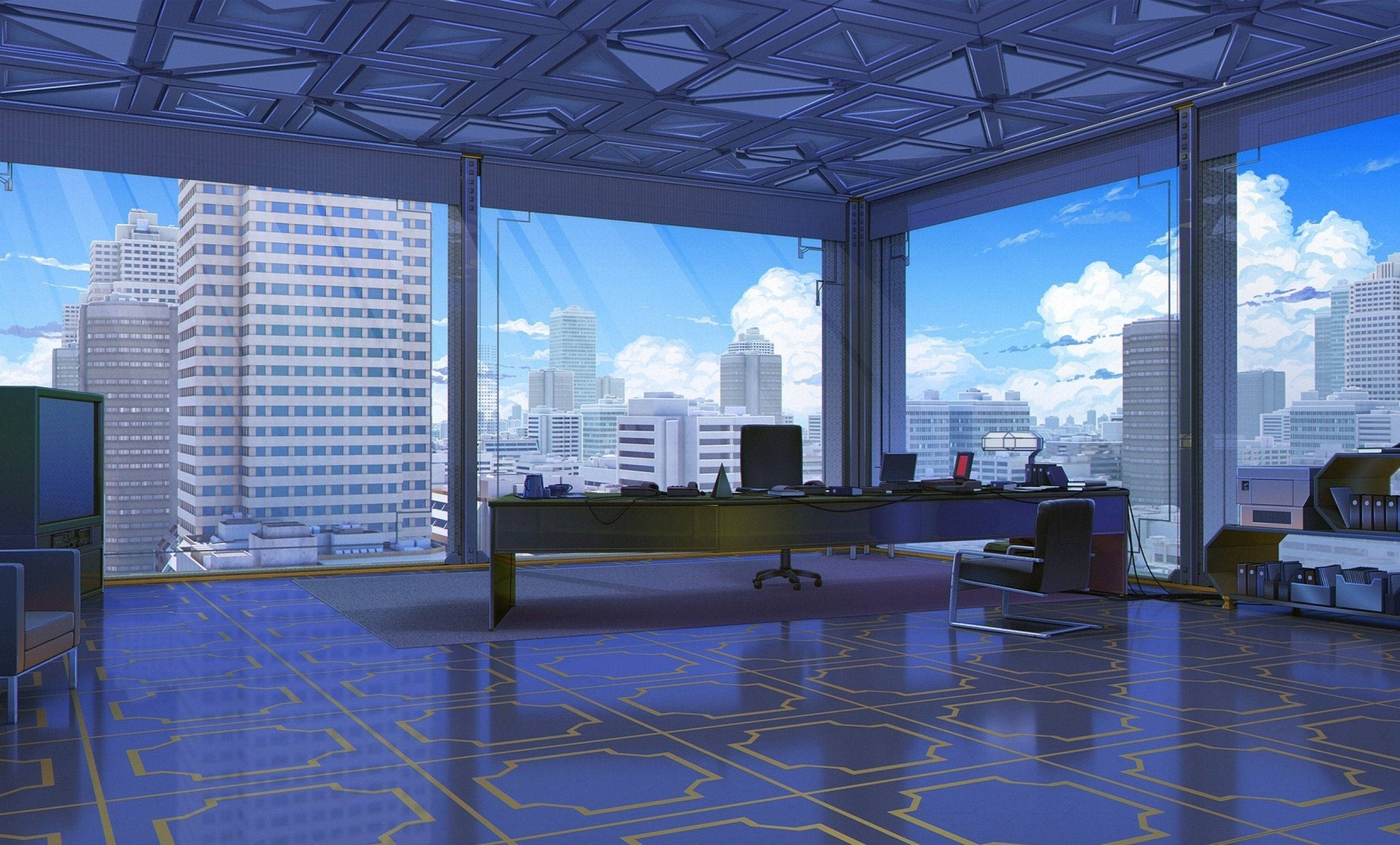 Office 桌布 壁紙 — 一個時尚的現代辦公室，配有幾何藍色地板和全景城市景觀，在明亮的藍天下。