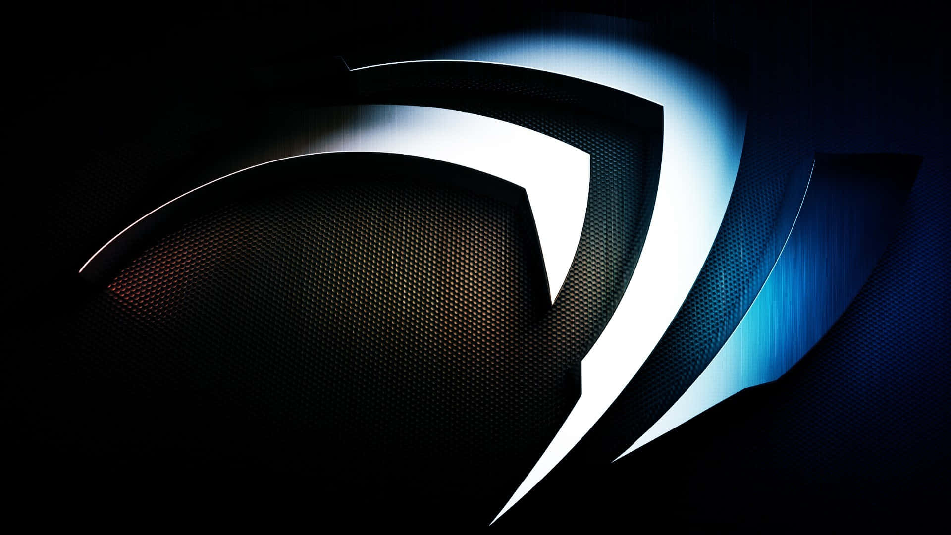 nvidia 桌布 壁紙 — 一個時尚的發光藍白抽象標誌，具有銳利的曲線和金屬質感，背景為深色。