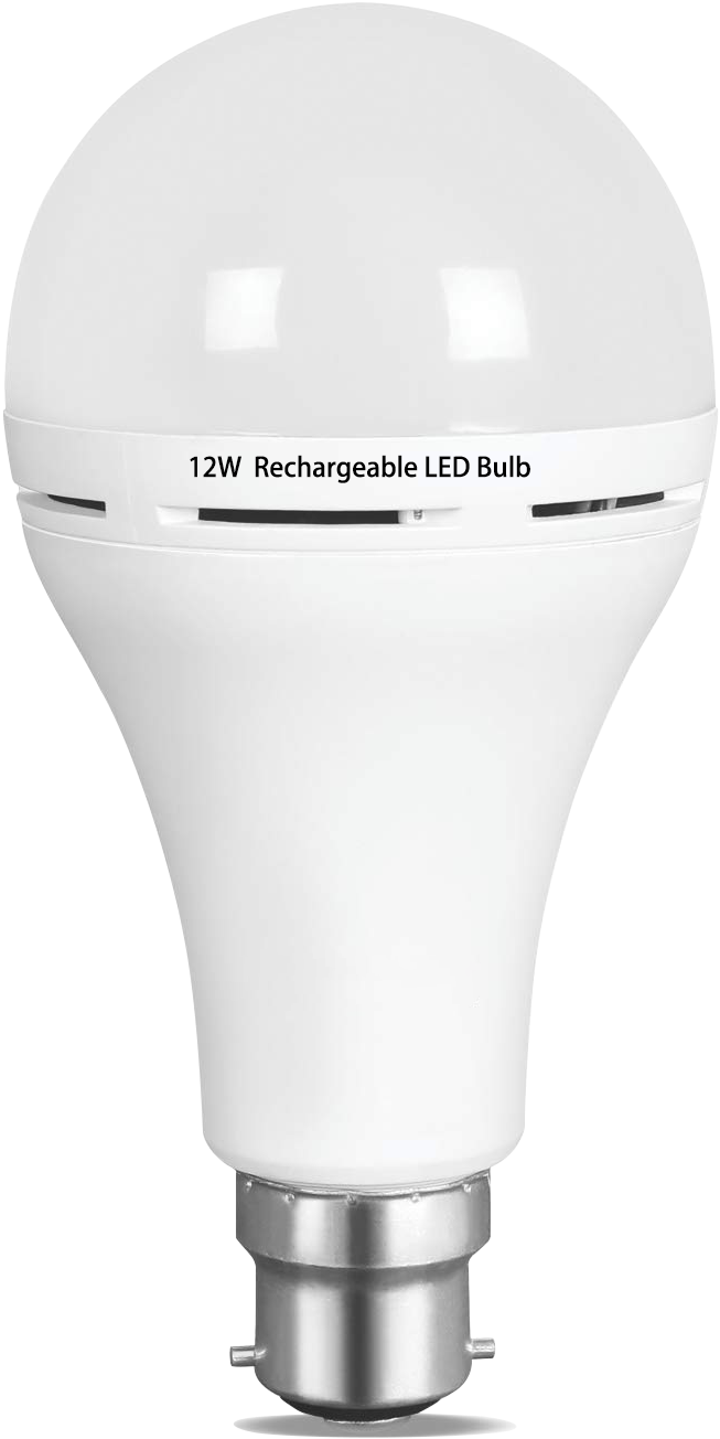 LED 桌布 壁紙 — 一個時尚的白色12W可充電LED燈泡，帶金屬底座，置於乾淨的黑色背景上。