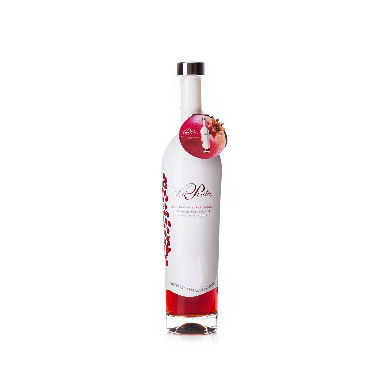 bottle 桌布 壁紙 — 一個時尚的白色La Pinta石榴利口酒瓶，帶有紅色點綴和石榴標籤，孤立在白色背景上。