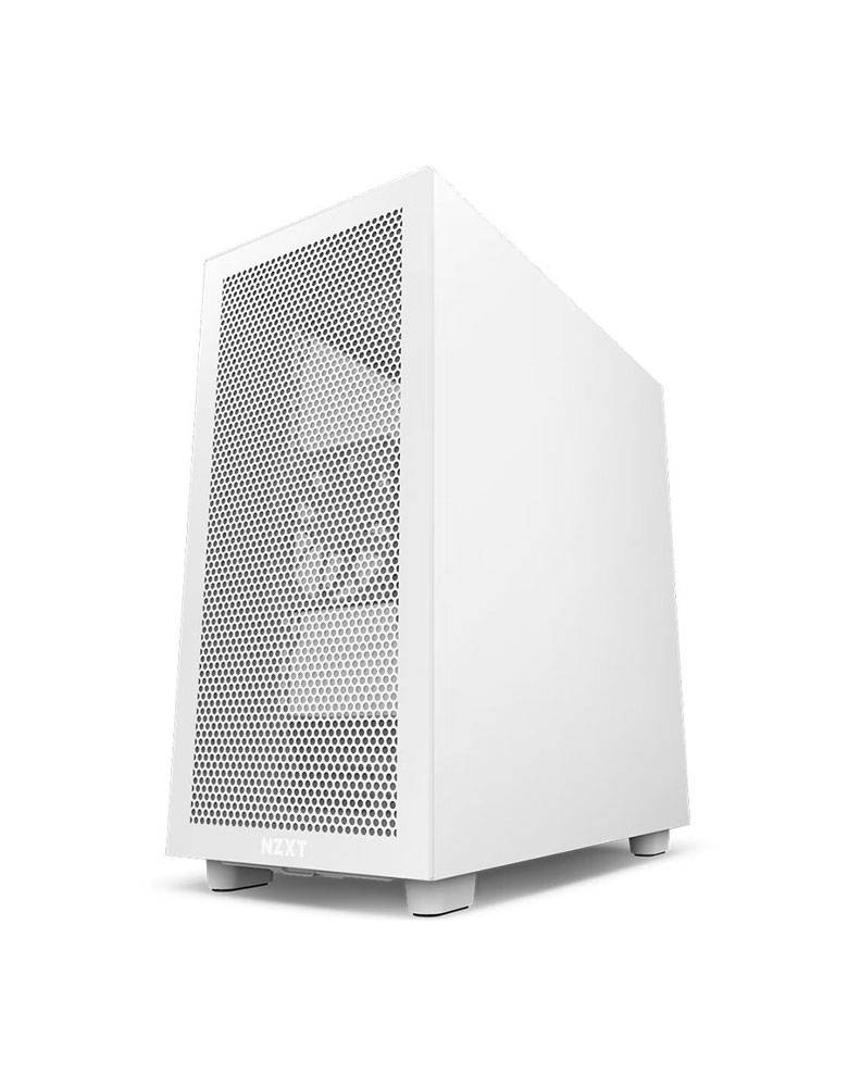 高清 桌布 壁紙 — 一個時尚的白色NZXT電腦機殼，帶有穿孔前面板，孤立地立在純白色背景上。