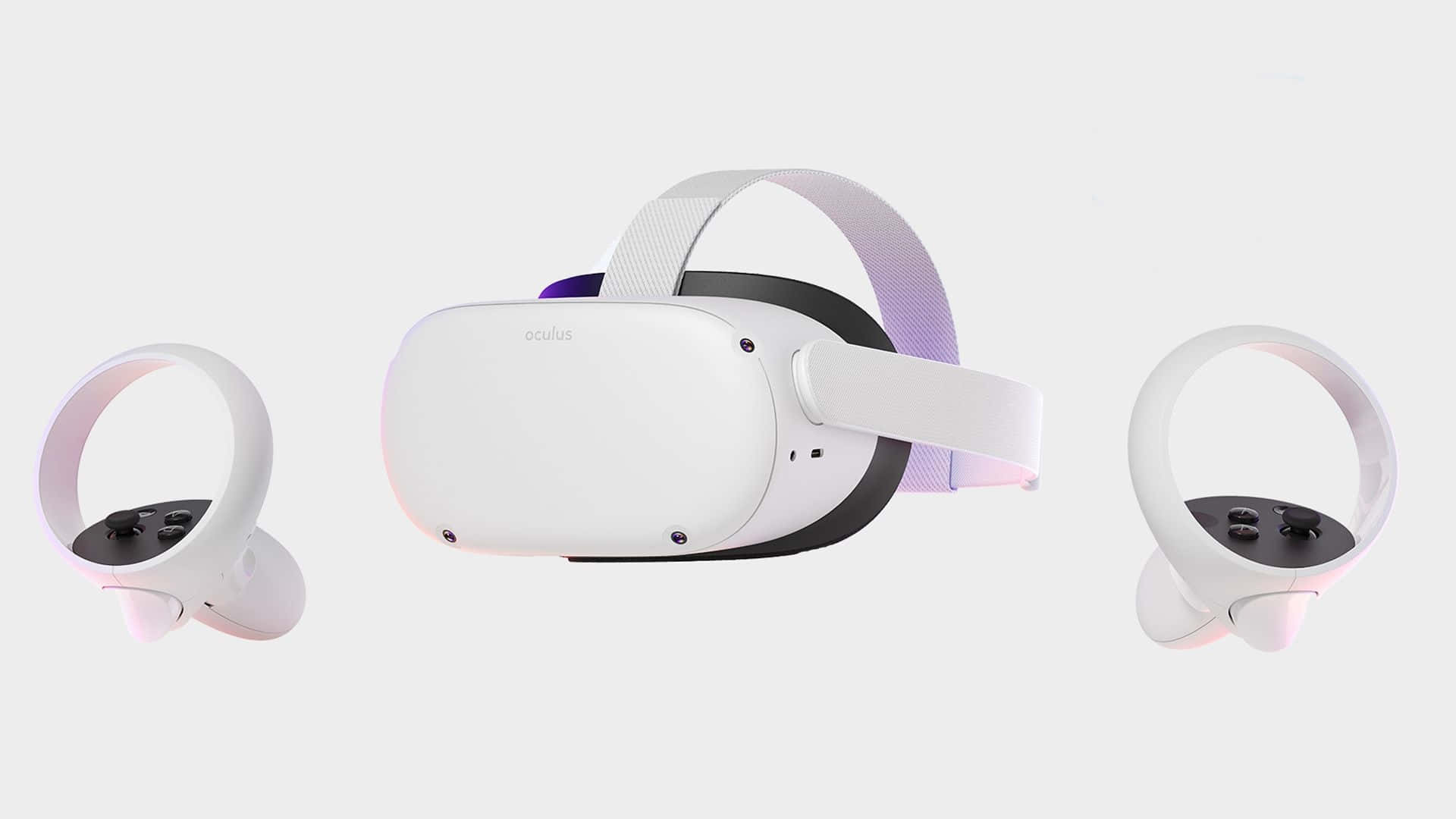 Oculus Quest 2 桌布 壁紙 — 一個時尚的白色Oculus VR頭戴式裝置，配備相配的控制器，在極簡的淺灰色背景上漂浮。