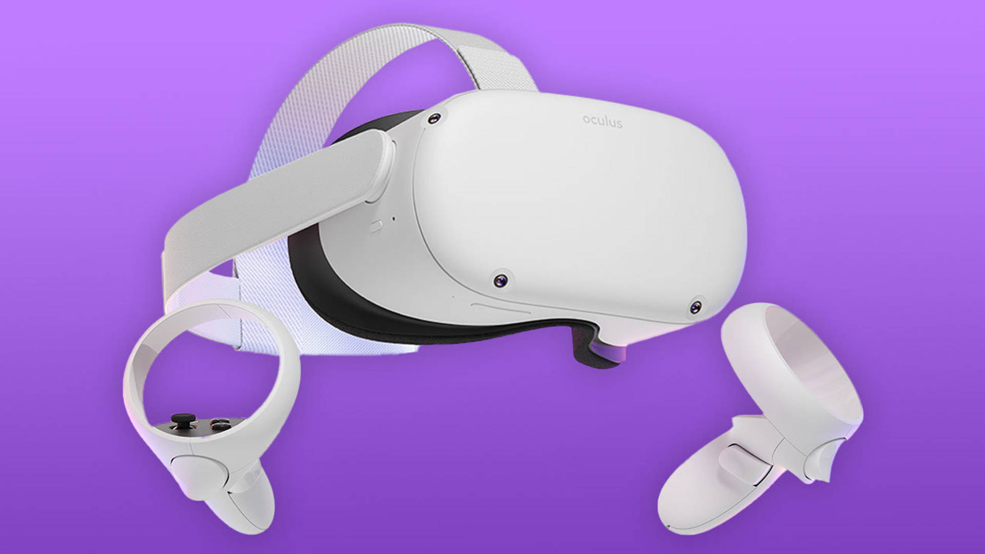 Quest 桌布 壁紙 — 一個時尚的白色Oculus VR頭戴式裝置連控制器，漂浮在純紫色背景上。