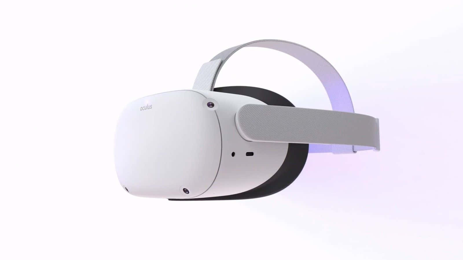 Oculus Quest 2 桌布 壁紙 — 一個時尚的白色Oculus VR頭戴式裝置，配有柔軟的頭帶，漂浮在紫色和白色的漸變背景上。