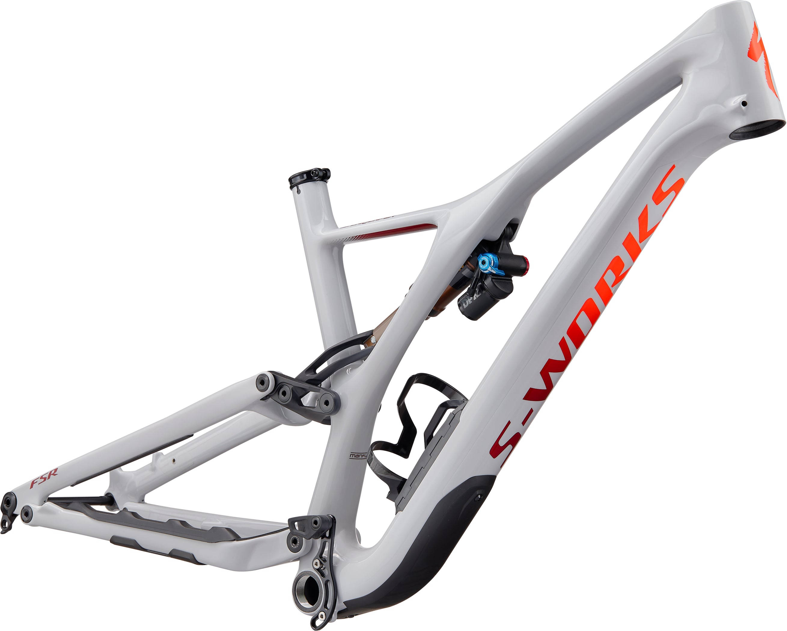 電腦 桌布 壁紙 — 一個時尚的白色Specialized S-Works登山車車架，帶有橙色品牌標識和黑色點綴，展示在乾淨的白色背景上。