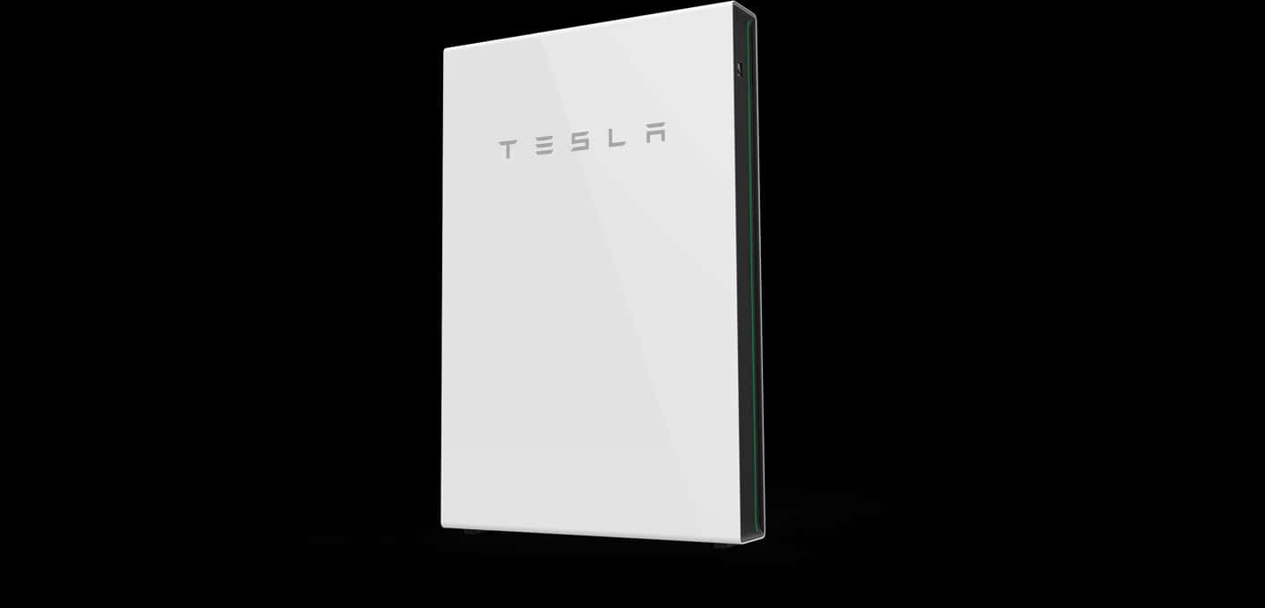 Logo Design 桌布 壁紙 — 一個時尚的白色Tesla Powerwall在純黑色背景上孤立，配以極簡照明。