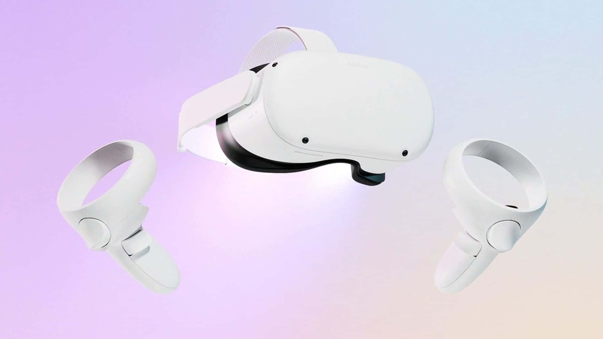 Oculus Quest 2 桌布 壁紙 — 一個時尚的白色VR頭戴式裝置和控制器漂浮在柔和的紫色和藍色漸變背景上。